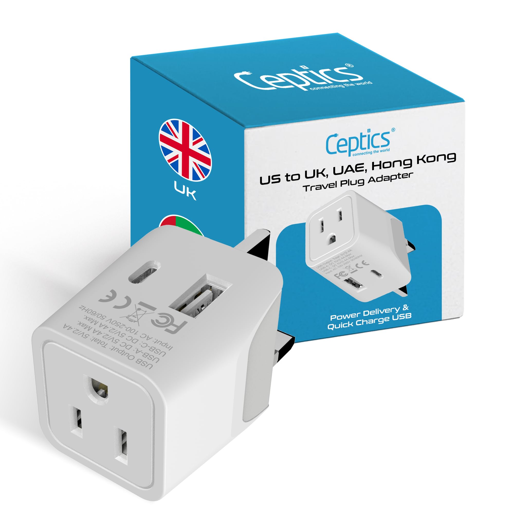 Ceptics Uk Adapters For Travel To London, Hong Kong, Ireland - Usb-A + Usb-C & Usa Input - Type G Adapter Grounded - Ideal For P