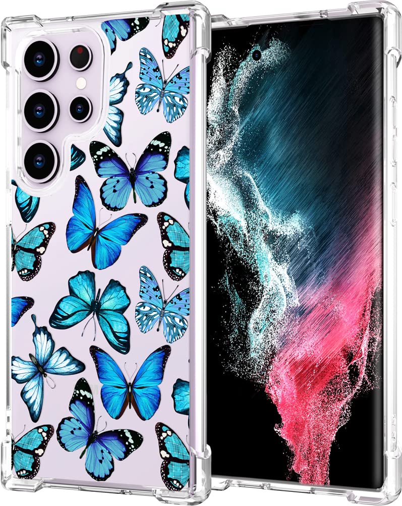 Hungo Samung Galaxy S23 Ultra Case Butterfly Cute Design Blue,Aesthetic Girly Designer For Women Girls Butterfly Case Compatible