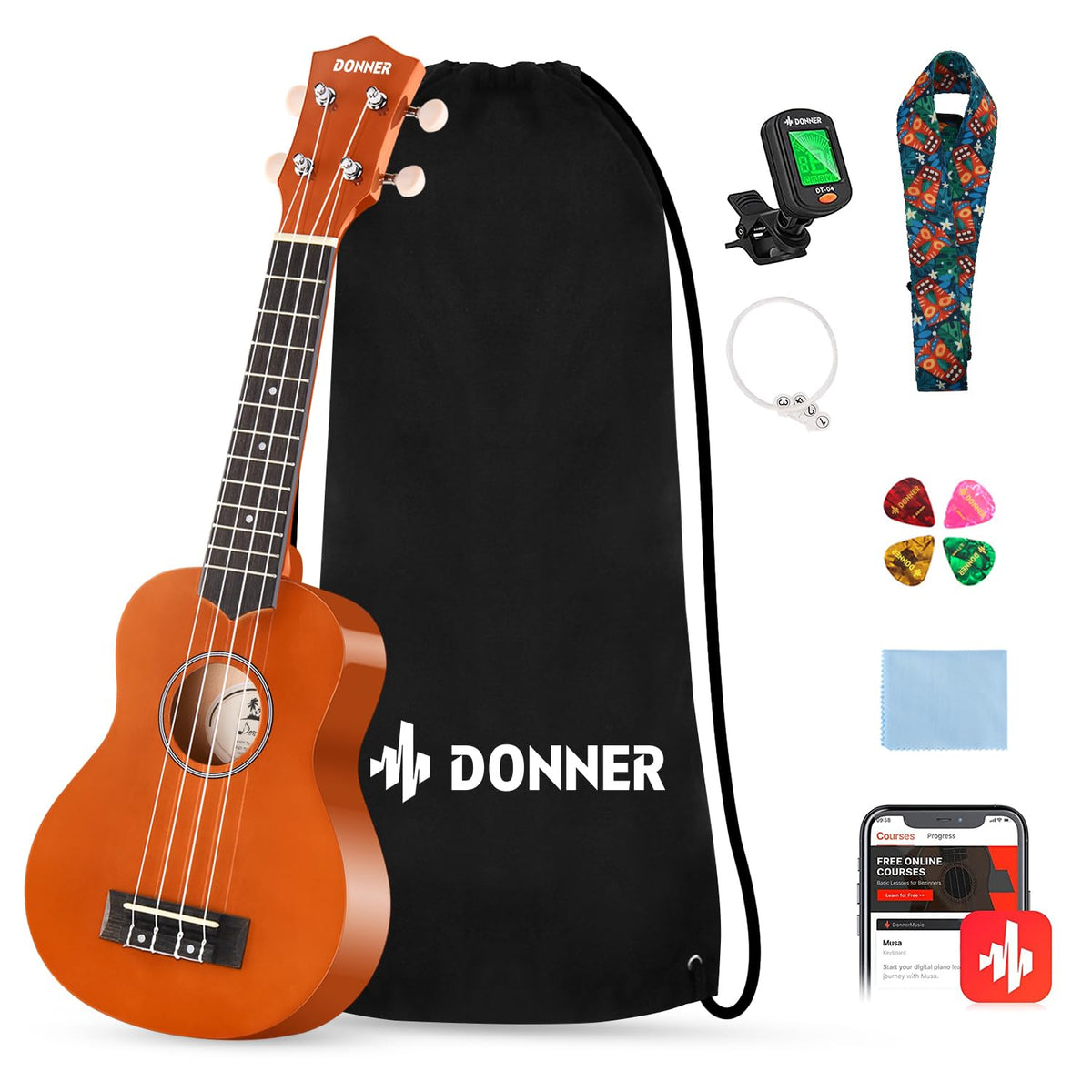 Donner Soprano Ukulele for Beginners 21 Inch Ukelele Starter Bundle Kit with Free Online Lessons Bag Strap String Tuner Picks Cl