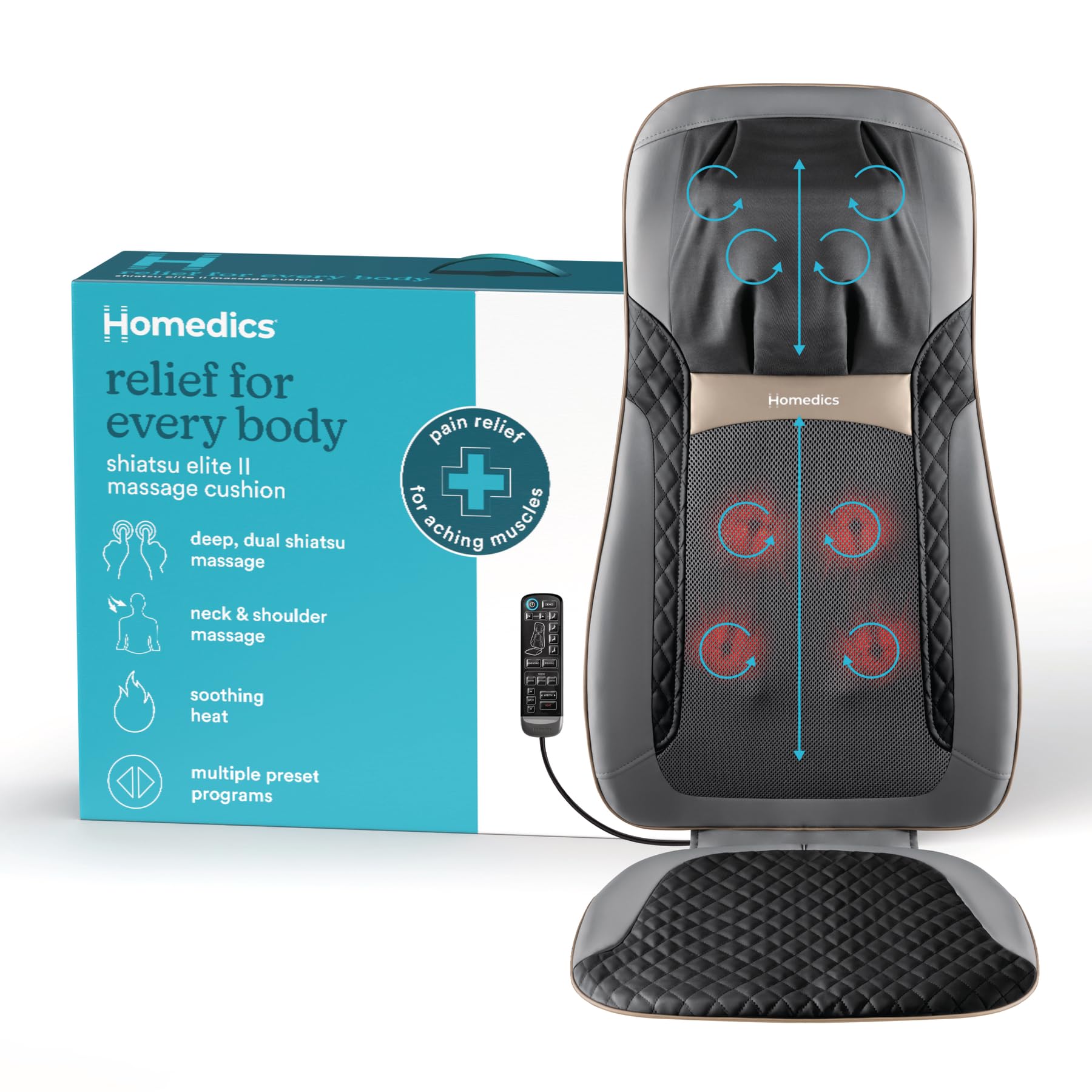 Homedics Back Massager With Heat, Shiatsu Elite Ii Heated Neck And Back Massage Cushion. 3 Different Massage Styles And 3 Massag