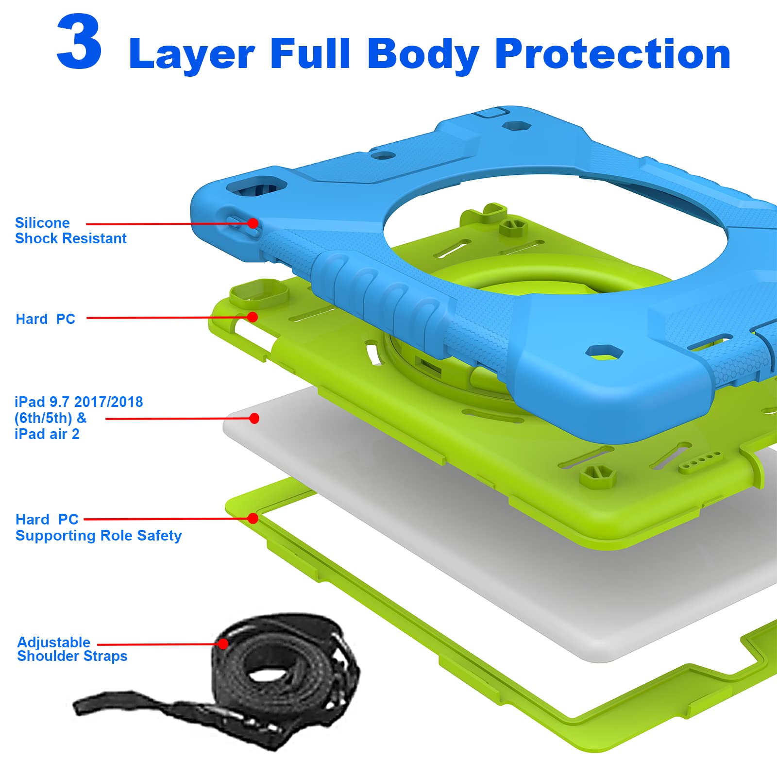 Ipad 9.7 Inch Case Ipad 6Th/5Th Generation Cases,Case For Ipad 9.7 Pro & Ipad Air 2 Full Body Silicone+Pc Protection Rotating St