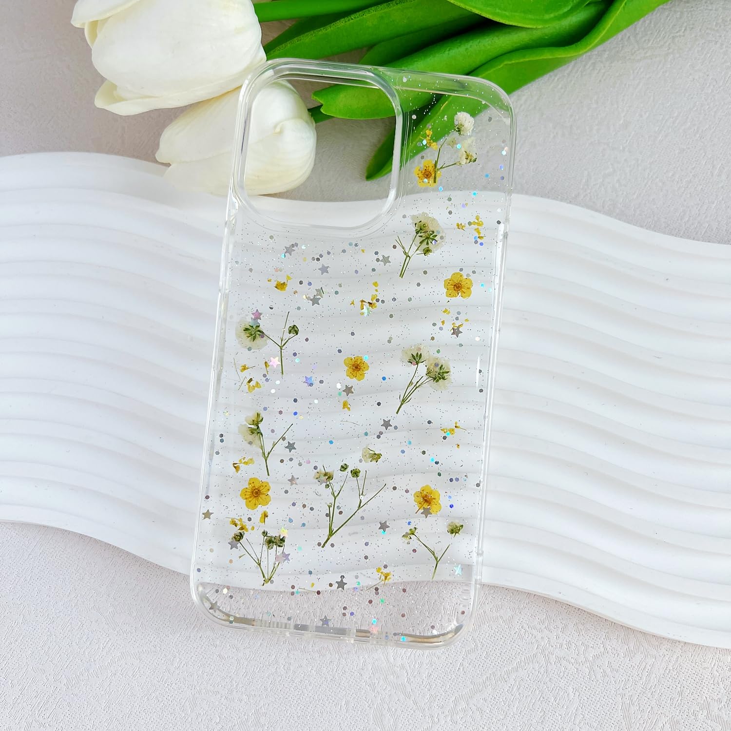 Lseeka For Iphone 13 Pro Clear Case With Pressed Real Flowers Design,Glitter Cute Yellow Floral Pattern Slim Soft Tpu Protective