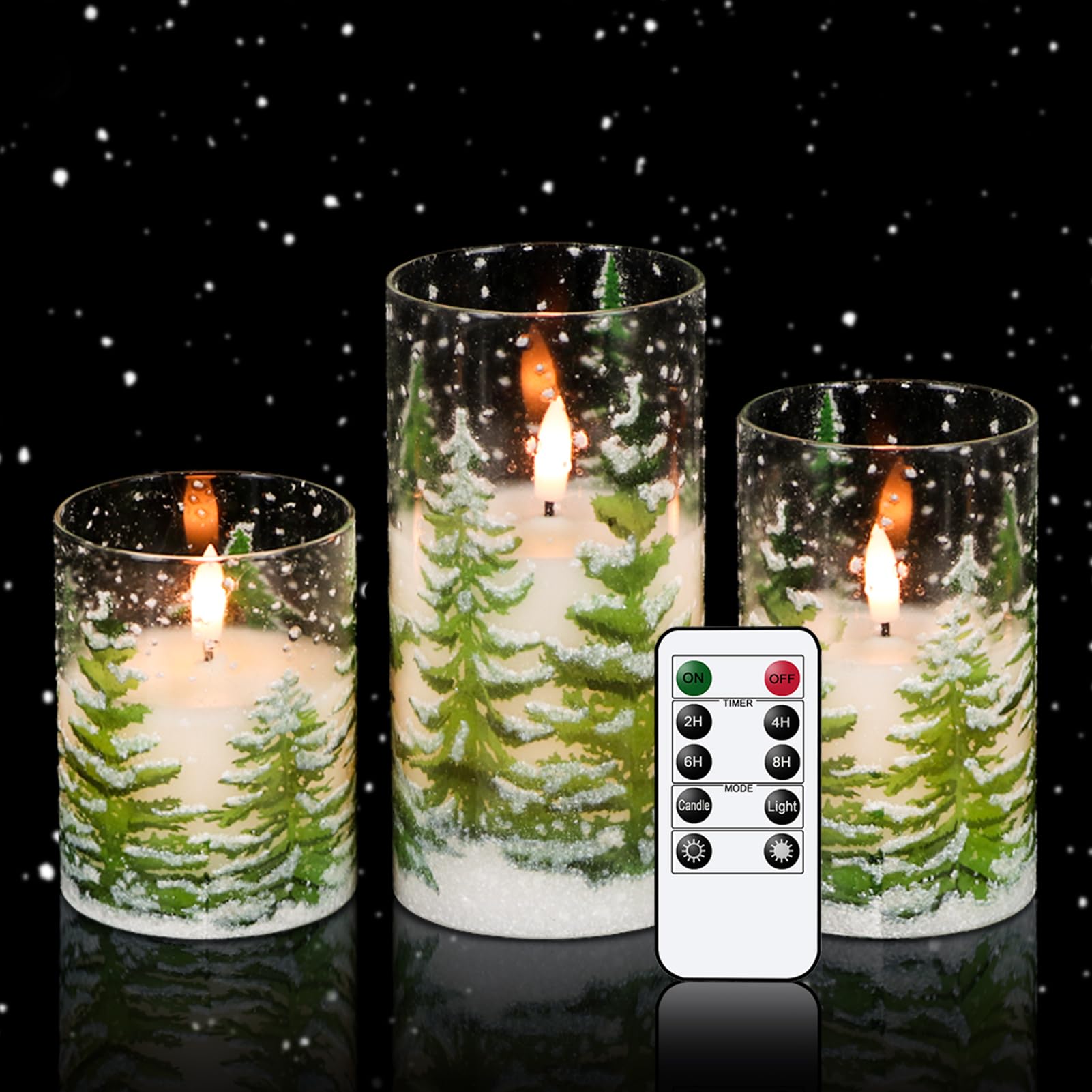 Eldnacele Christmas Tree Glass Flameless Candles Remote and Timer, Battery Operated Flickering LED Pillar Candles Warm White Lig