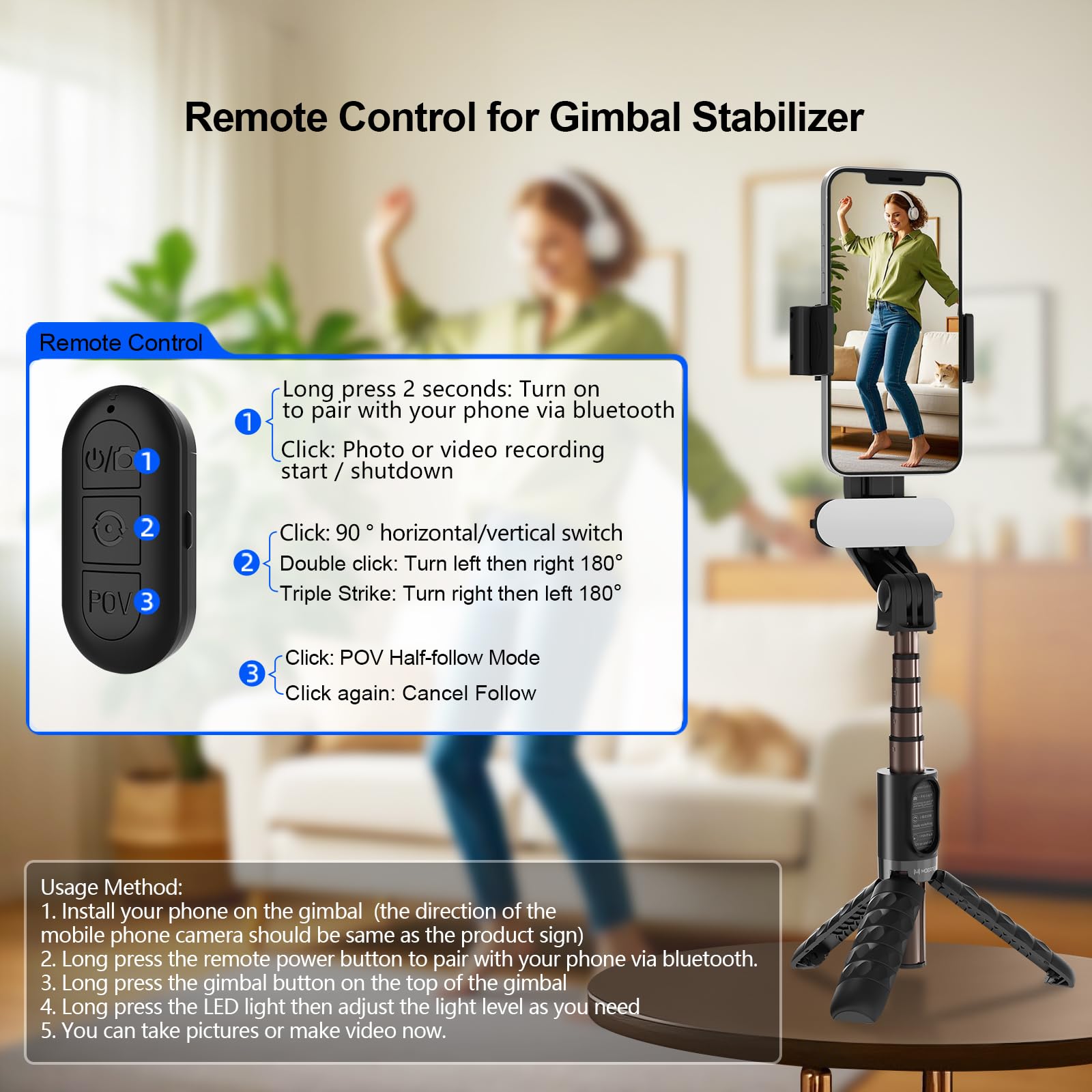 Gimbal Stabilizer For Iphone, Pov Half-Following Mode, Phone Gimbal With Detachable Fill Light, 360 Auto Rotation, Extendable Ro