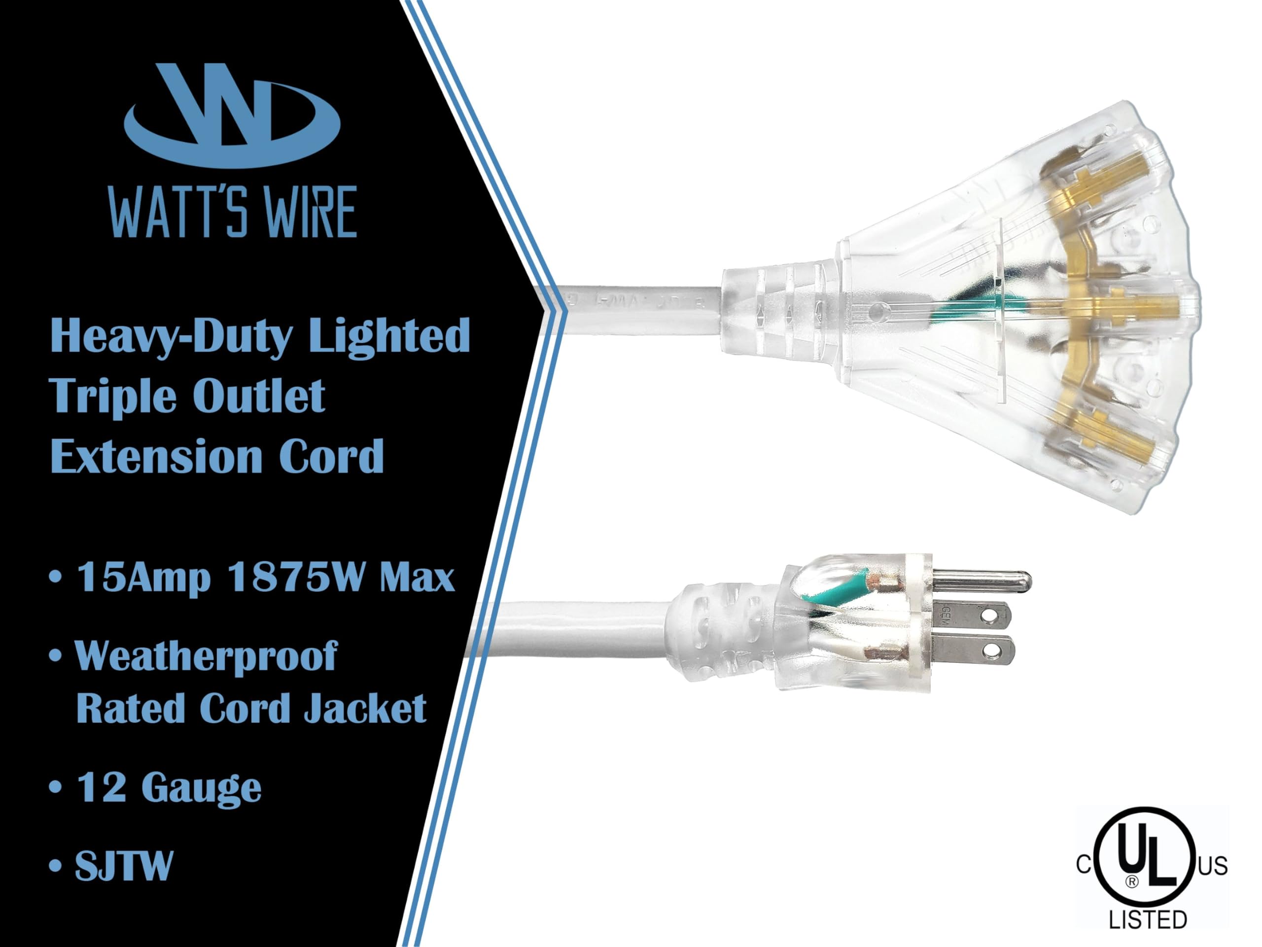 25 Ft - 12 Gauge Heavy Duty Extension Cord - 3 Outlet Lighted Sjtw - Indoor/Outdoor Extension_Cord By Watts Wire - 25 12-Gauge