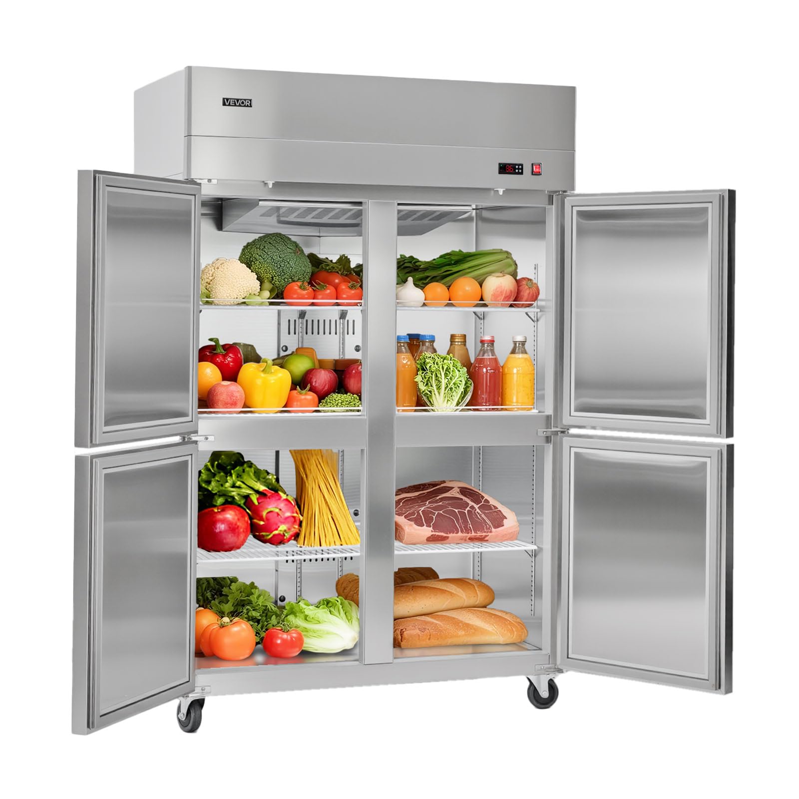 VEVOR Commercial Reach-In Refrigerator 48 W, 32 Cu.Ft Stainless Steel Upright Refrigerator with 4 Doors, Auto-Defrost, 6 Adjusta