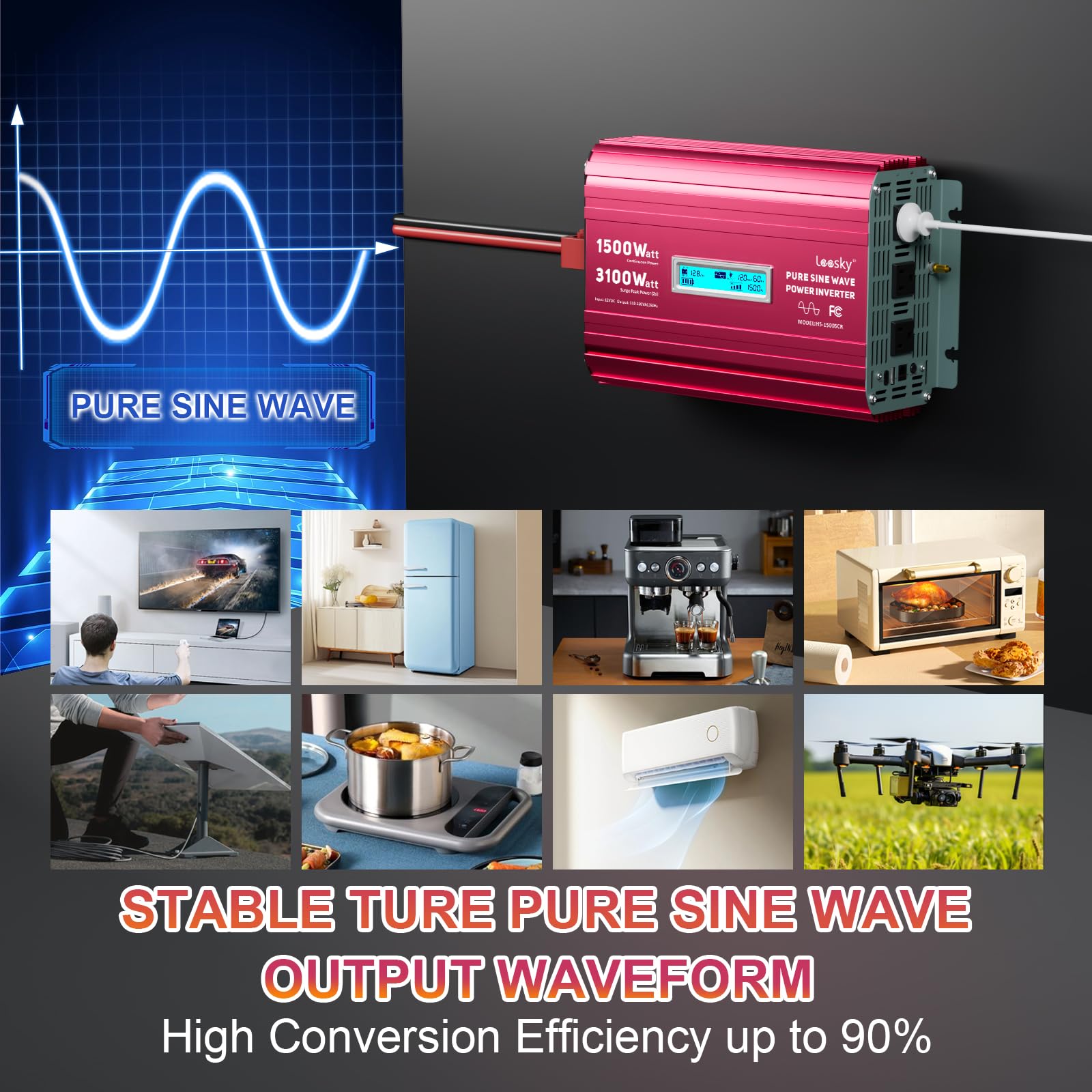 1500 Watt Pure Sine Wave Inverter 12V To 110V 120V Ac 3100W Surge Peak Power For 2 Seconds Remote Control Pd36W Usb-C Compatible