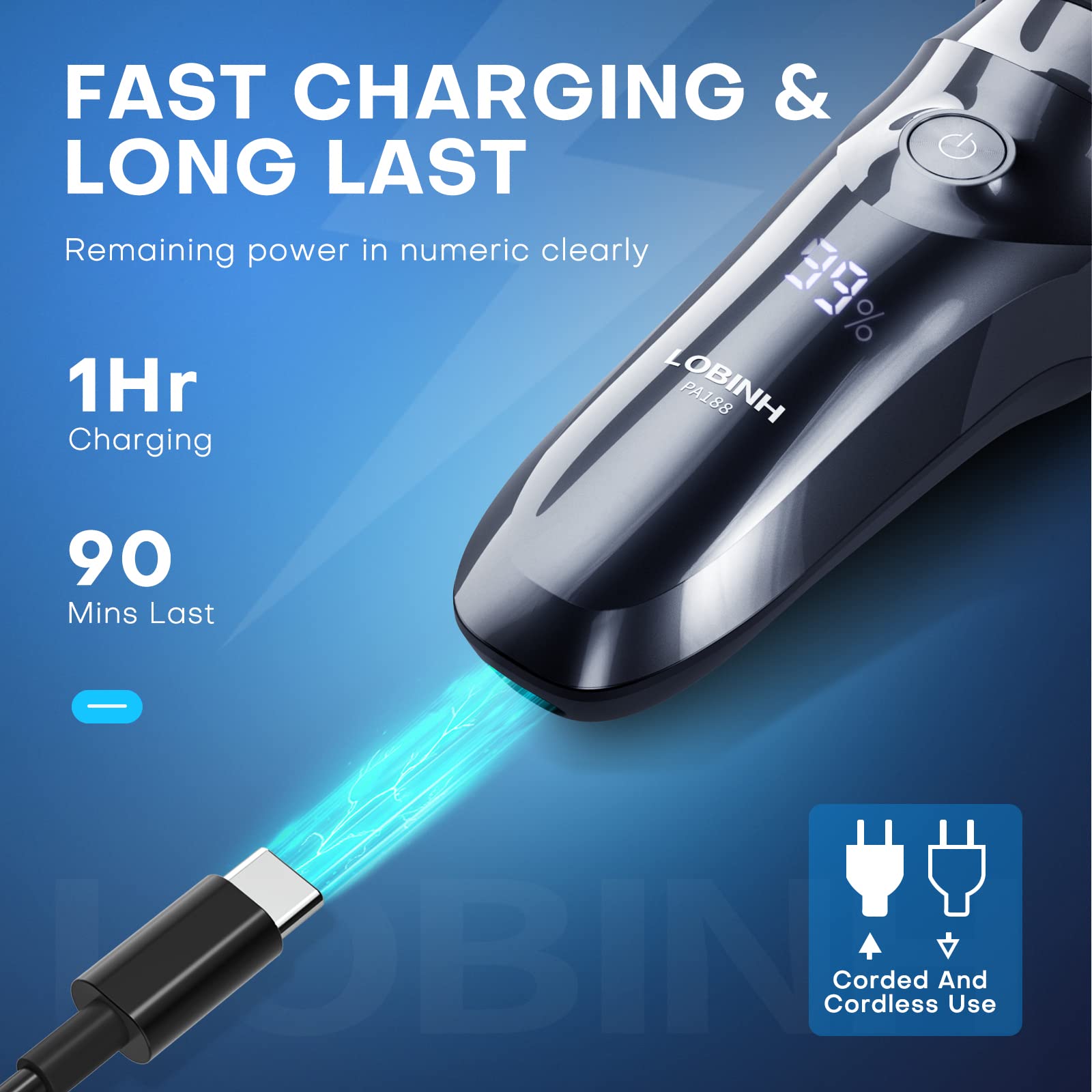 Lobinh Electric Shaver For Men, 100% Washable Rechargeable Waterproof Electric Razor Wet & Dry Shaving With Pop Up Trimmer, 1 Ho