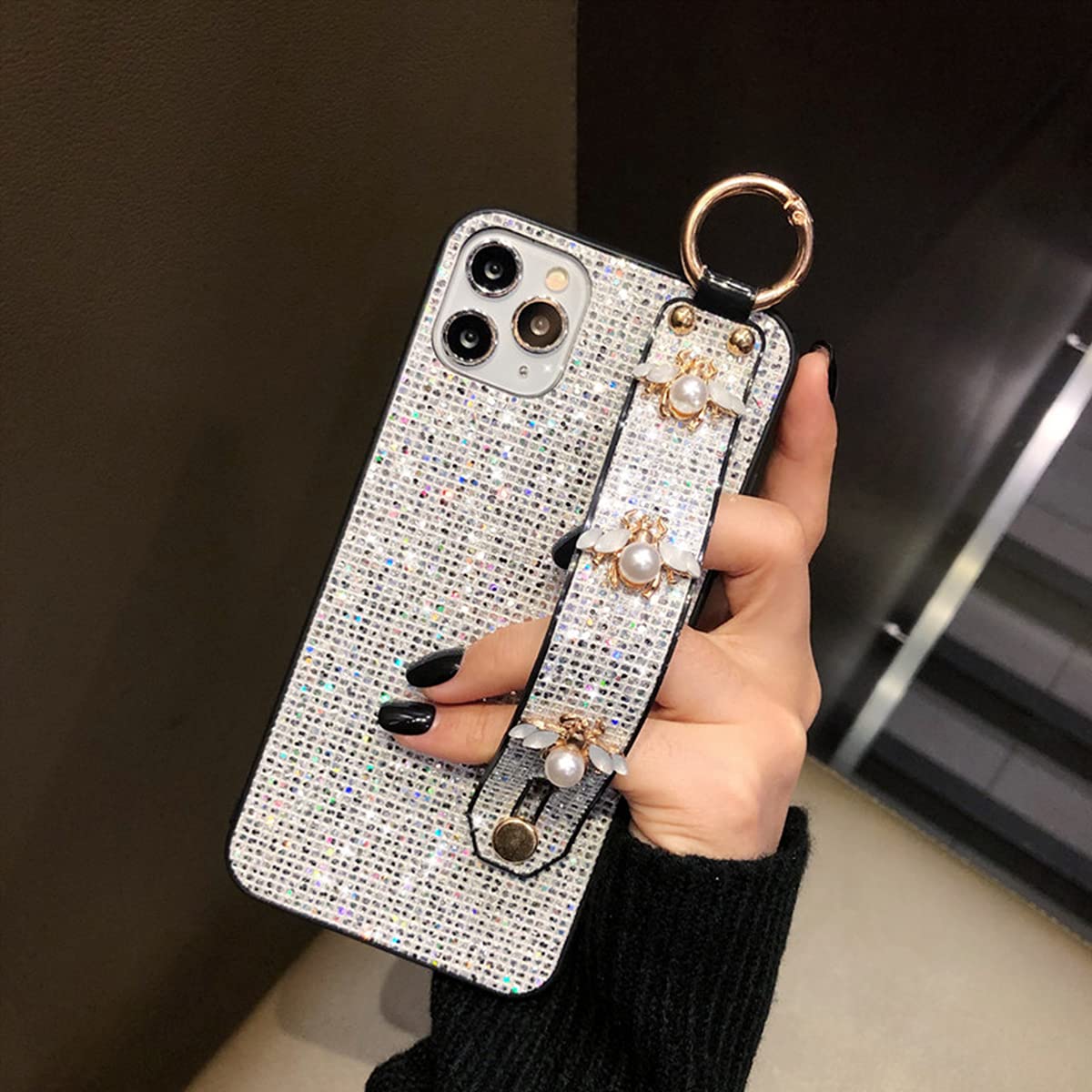 Aowner Compatible With Iphone 12 Pro Max Bling Stand Holder Case Luxury Hand Strap Glitter Sparkle Diamond Bee Wrist Bracket For