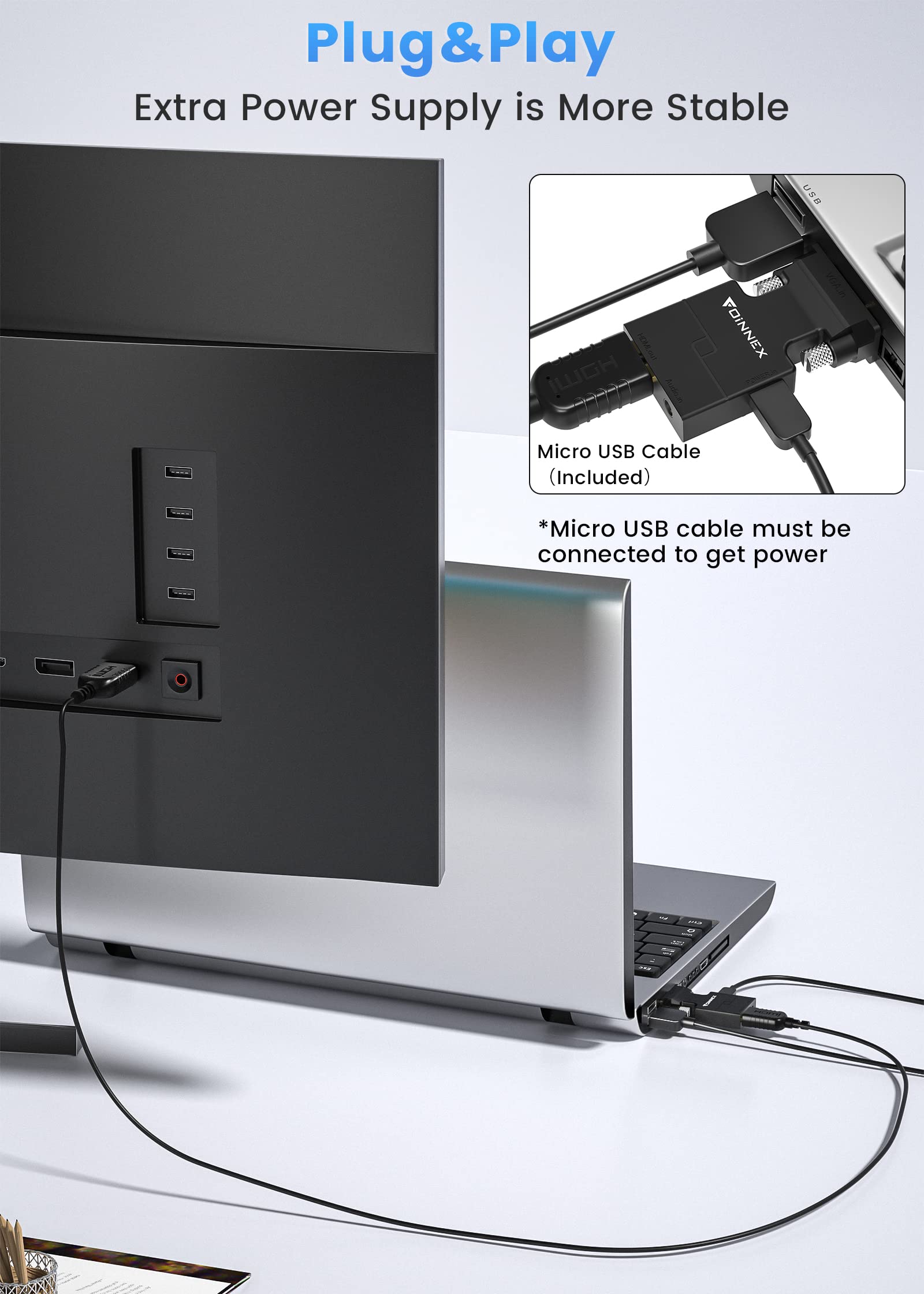 Foinnex Vga To Hdmi Adapter Converter With Audio,(Pc Vga Source Output To Tv/Monitor With Hdmi Connector), Active Male Vga In Female Hdmi 1080P Video Dongle Adaptador For Computer,Laptop,Projector