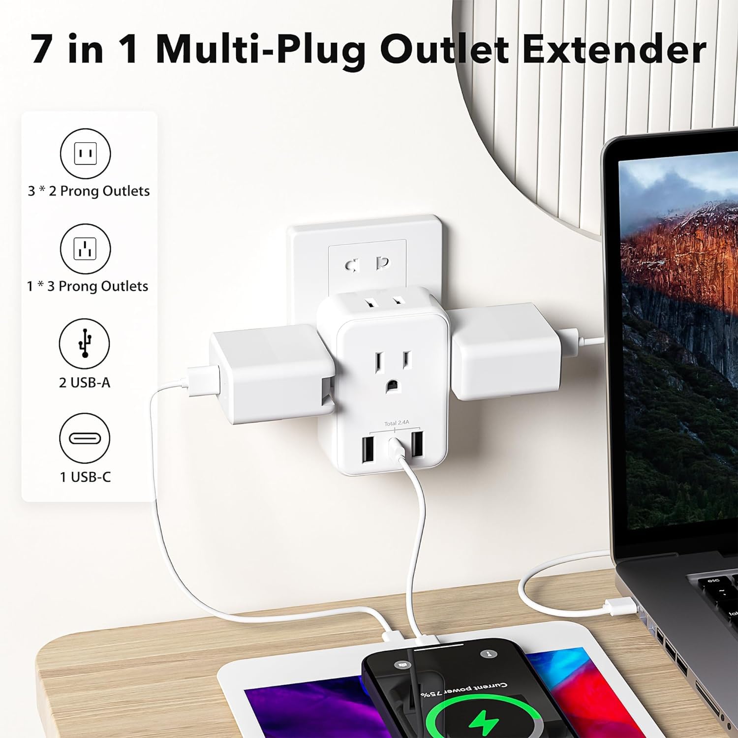 Bn Link Multi Plug Outlet Extender 2 Pack, Outlet Splitter With 4 Outlet And 3 Usb Ports (1 Usb C), 4 Sided Multiple Plug Expand