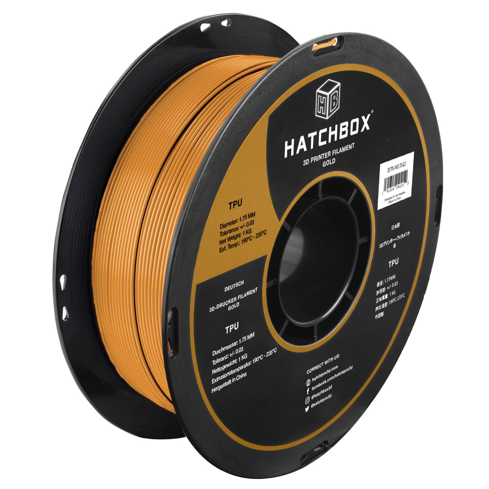 HATCHBOX 1.75mm Gold TPU 3D Printer Filament Shore 95A, 1 KG Spool, Dimensional Accuracy +/- 0.03 mm, 3D Printing Filament