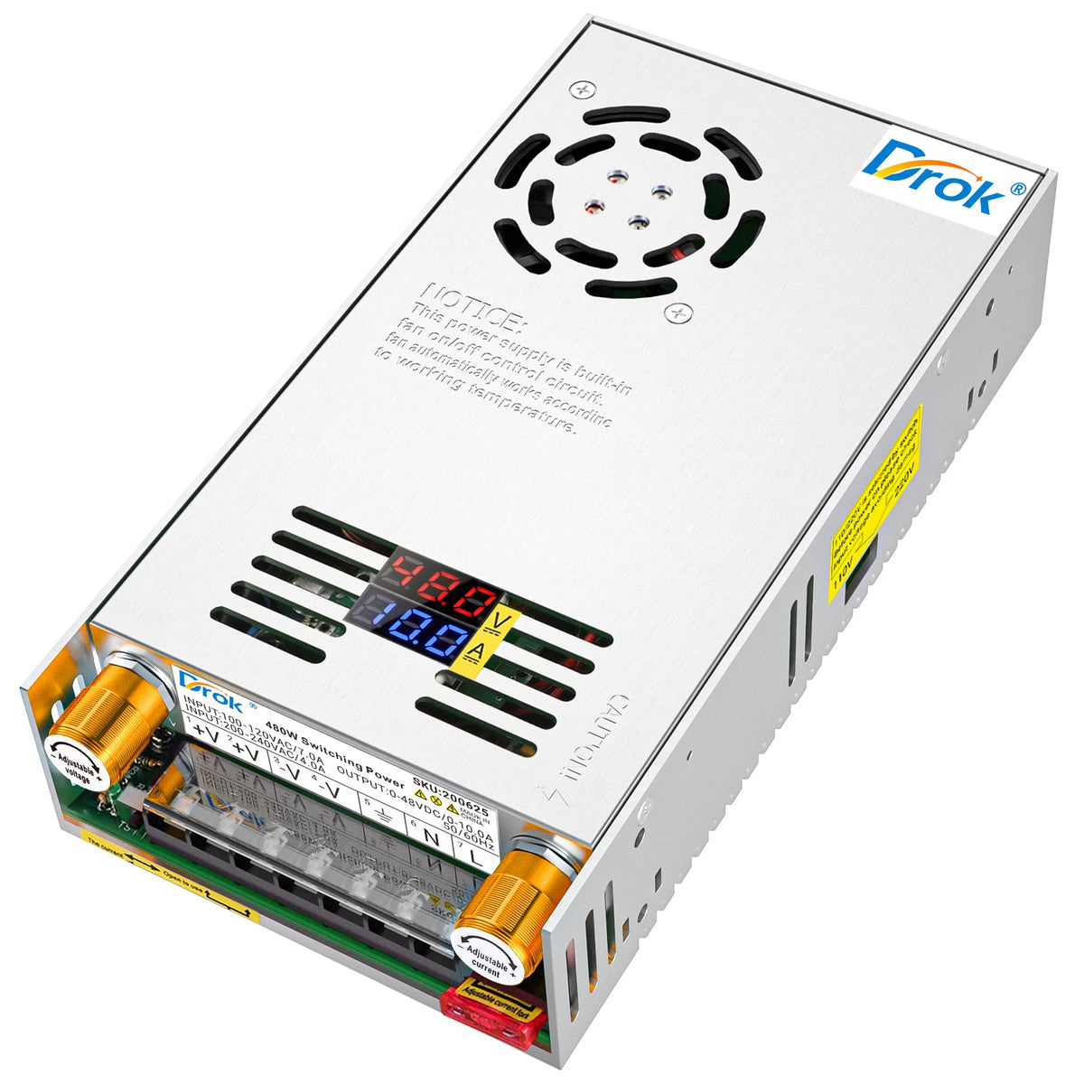 Drok 48V Power Supply, Ac 110V/220V To Dc 0 48V 0 10A 480W Buck Converter, Volt Amp Adjustable Adapter Regulated 5V 12V 24V 30V