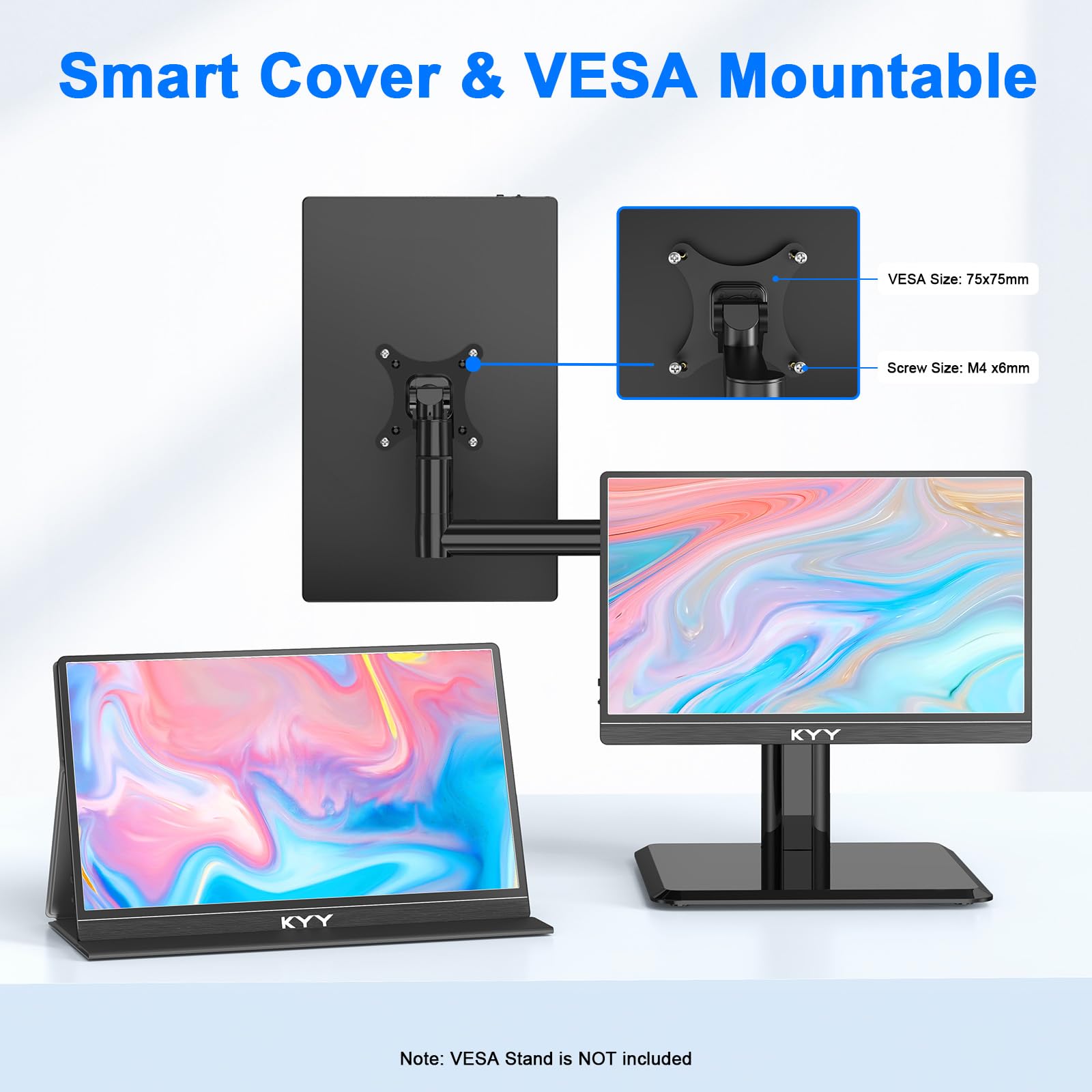 Kyy Portable Monitor For Laptop, 14'' Fhd 1080P Travel Monitor, Usb C & Hdmi Computer Gaming Screen With Vesa Mount & Smart Cove