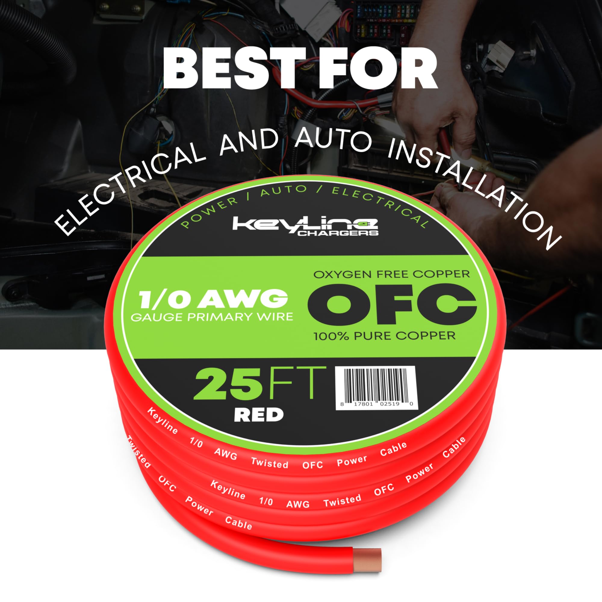 KeyLine Chargers 1/0 AWG Oxygen Free Copper Battery Amp Welding Cable Red 25ft