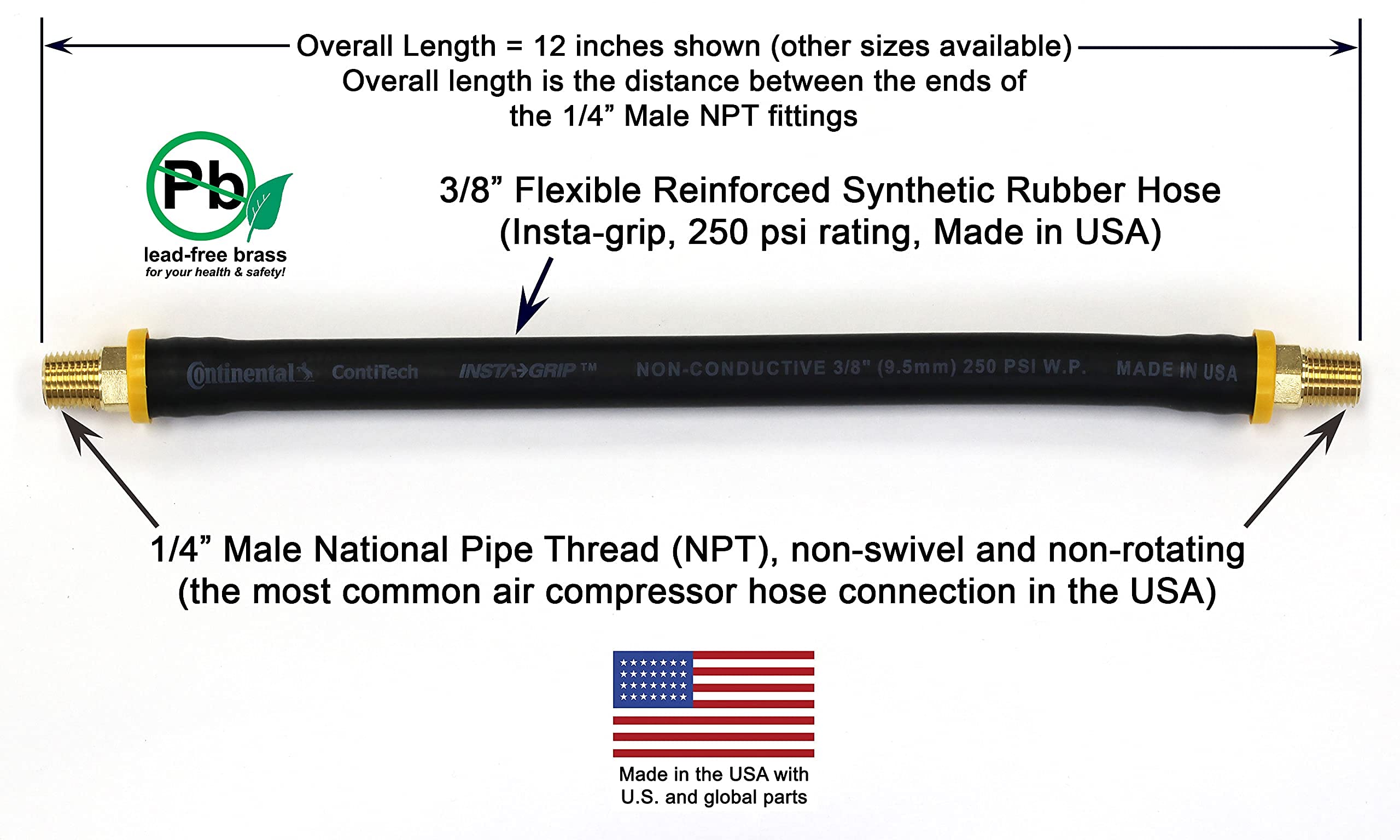 12 Inch Short Air Compressor Hose: 1/4'' Male Npt To 1/4'' Male Npt Hose For Compressed Air And Hydraulic Oil (Lead Free Brass)