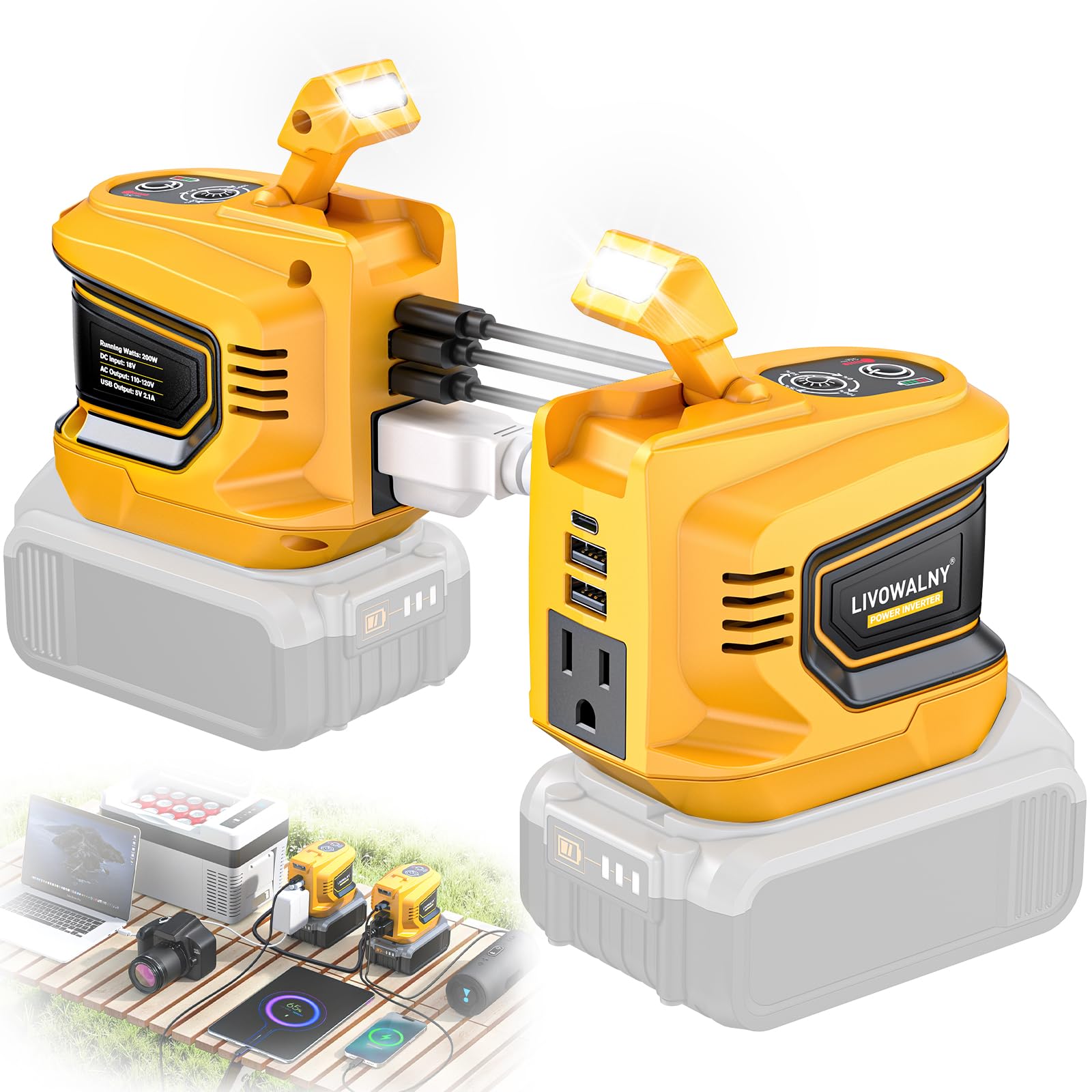 2PCS 200W Power Inverter for DeWalt, LIVOWALNY DC 20V to AC 110-120V Battery Inverter, Portable Battery Adapter Phone Charger Co