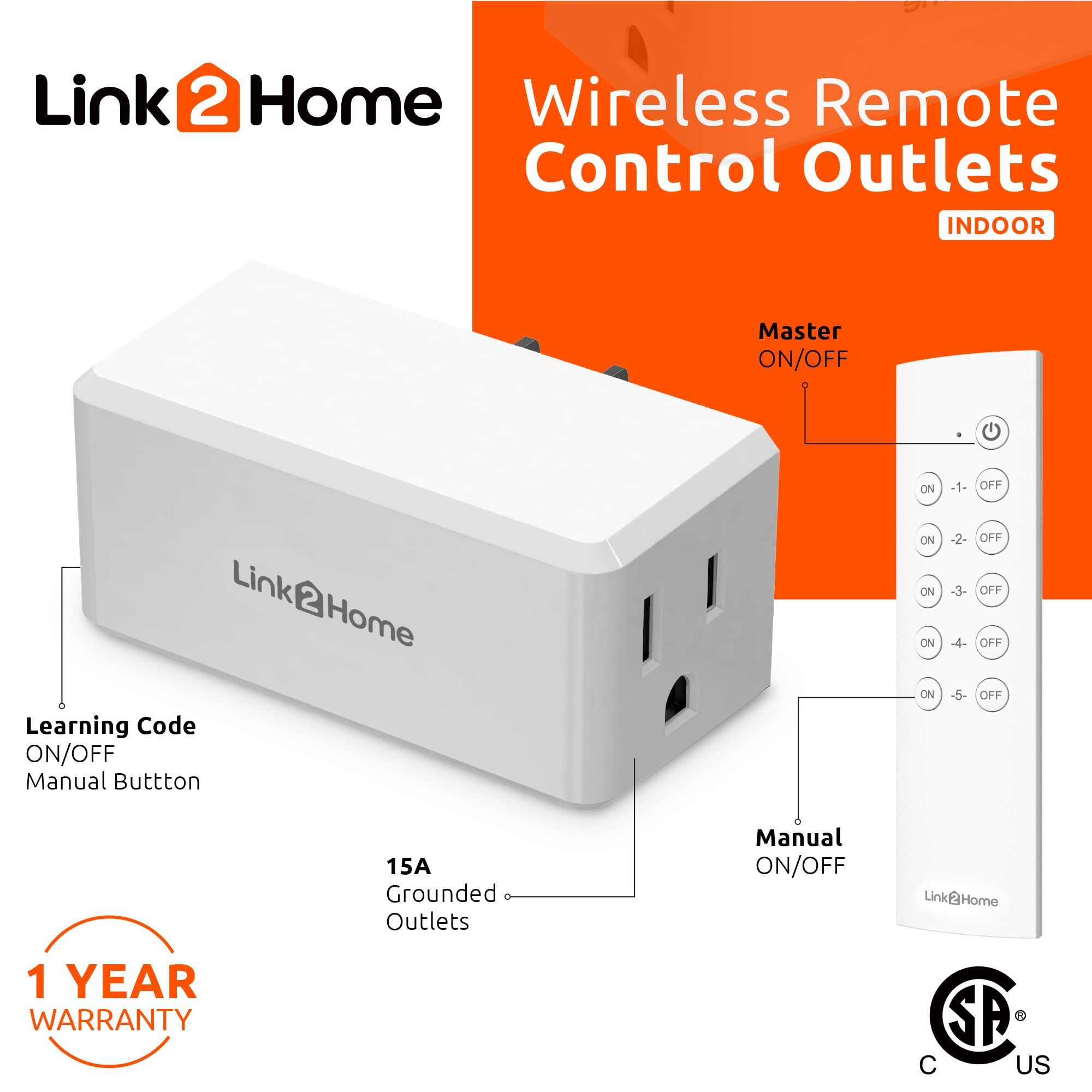 Link2Home Wireless Remote Control Outlet Light Switch, 100 Ft Range, Unlimited Connections. Compact Side Plug. Switch On/Off Hou
