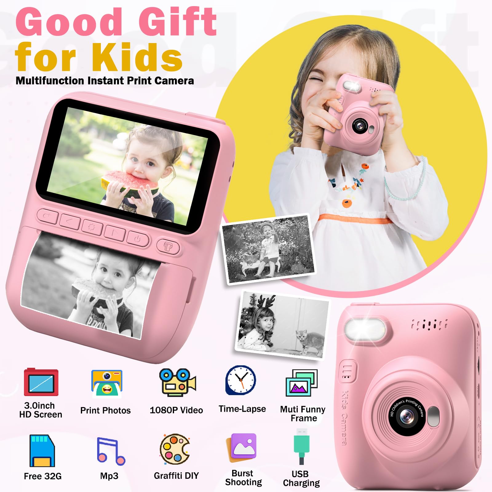 Kids Camera Instant Print, 3.0 Inch Hd Screen Camera For Kids, Boys Girls Christmas Birthday Gifts Toy For 3 4 5 6 7 8 9 10 11 1