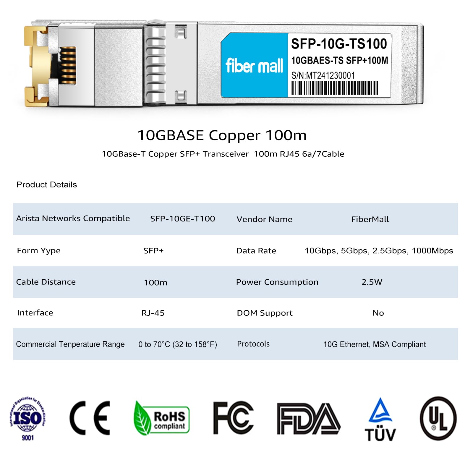 Sfp+ To Rj45 10G 100M Copper Transceiver Module For Arista Networks Sfp 10Ge T100 10Gbase T Sfp+ 100M Rj45 Cat6A/7