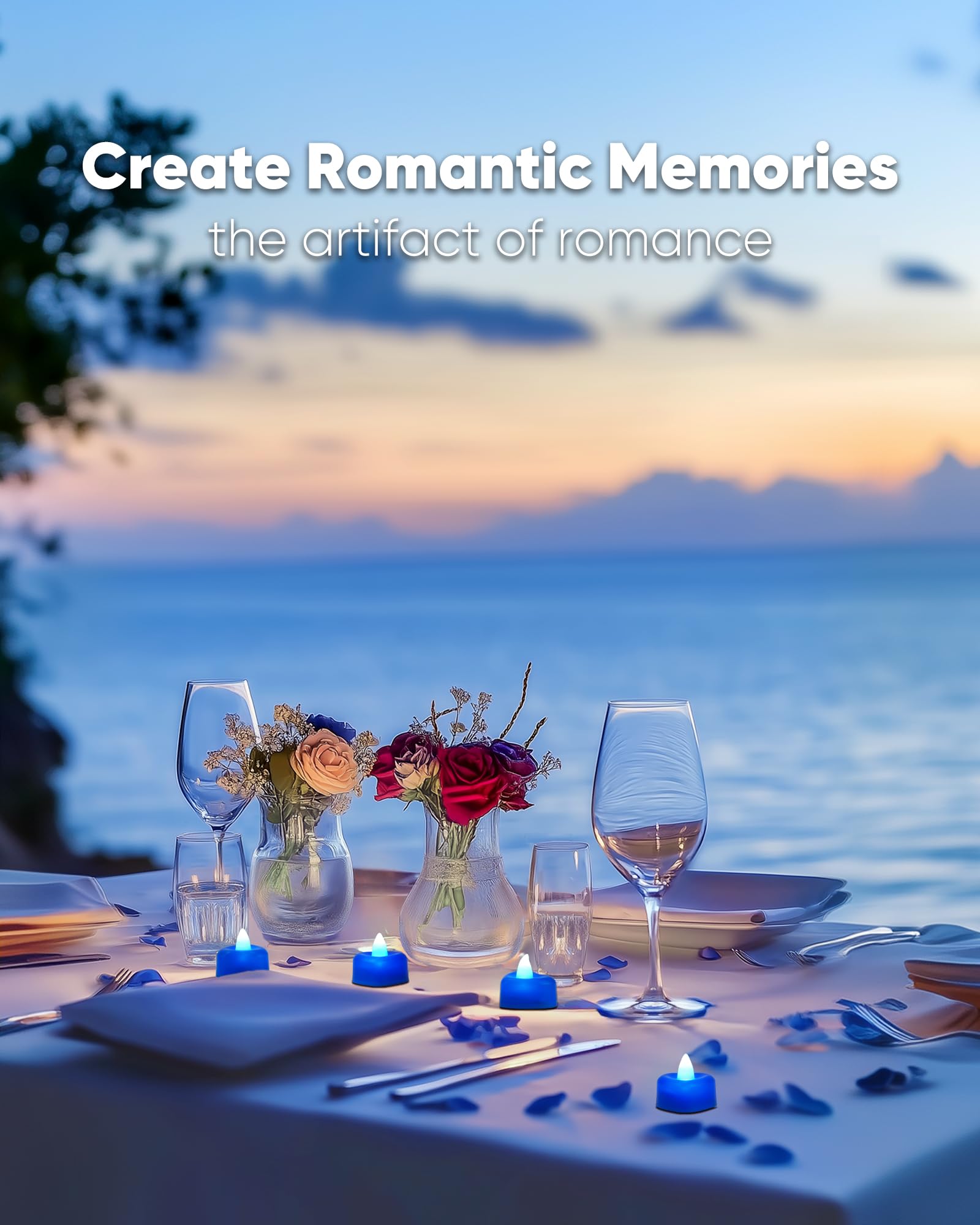 Amagic 1000 Pieces Blue Artificial Rose Petals With 12 Blue Heart Led Tea Lights, Rose Petals, And Candles Set For Proposal, Ann