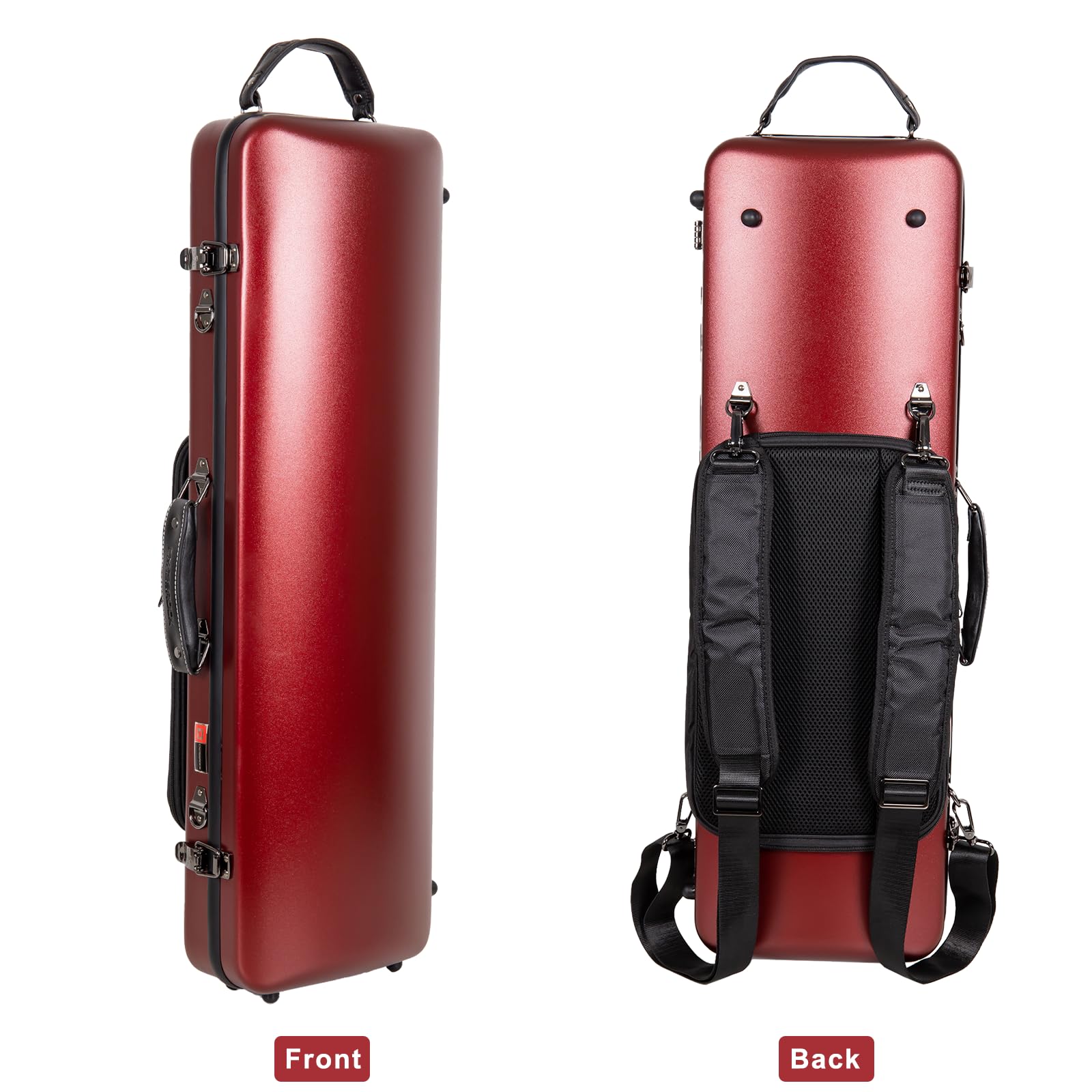 Crossrock Poly Carbon Oblong Violin Case For 4/4 Full-Size | Matte Red Finish, Hygrometer, Music Pouch, Accessory Storage - Ligh