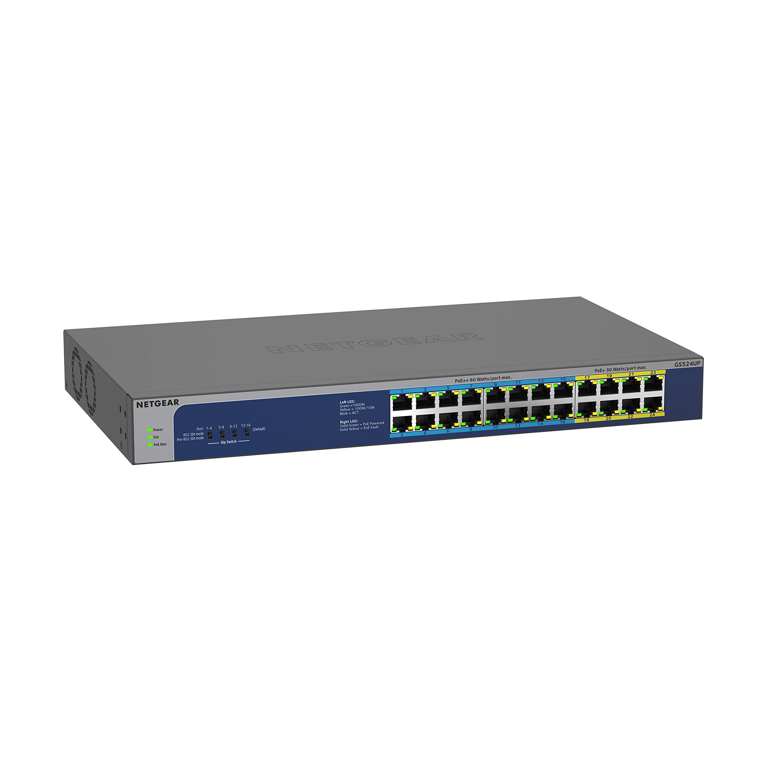 NETGEAR 24-Port Gigabit Ethernet Unmanaged PoE Switch (GS524UP) - with 8 x PoE+ and 16 x Ultra60 PoE++ @ 480W, Desktop or Rackmo