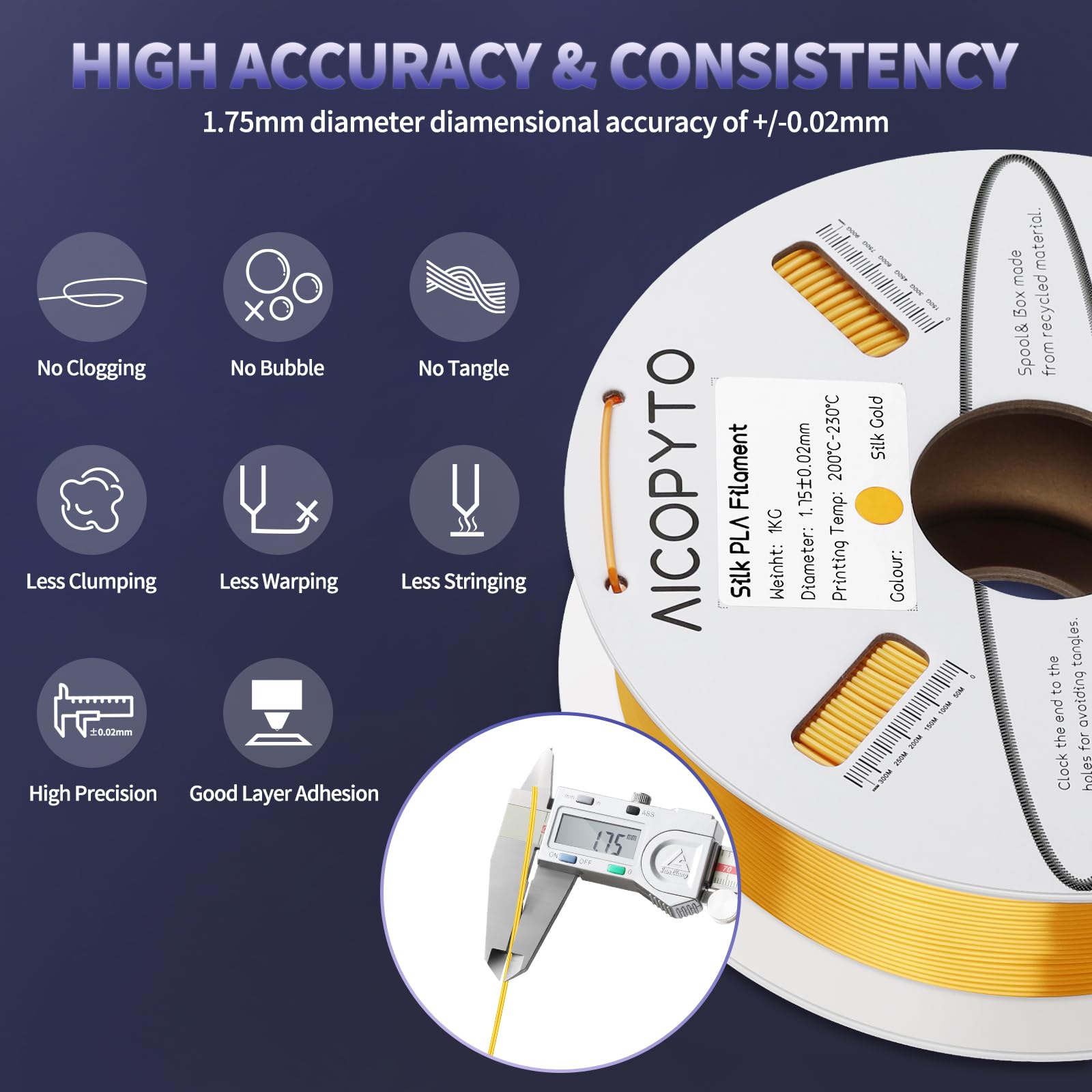 Aicopyto Silk Gold Pla Filament 1.75Mm, Clog-Free Shiny 3D Printer Gold Filament 1Kg Spool (2.2Lbs) Dimensional Accuracy Probabi