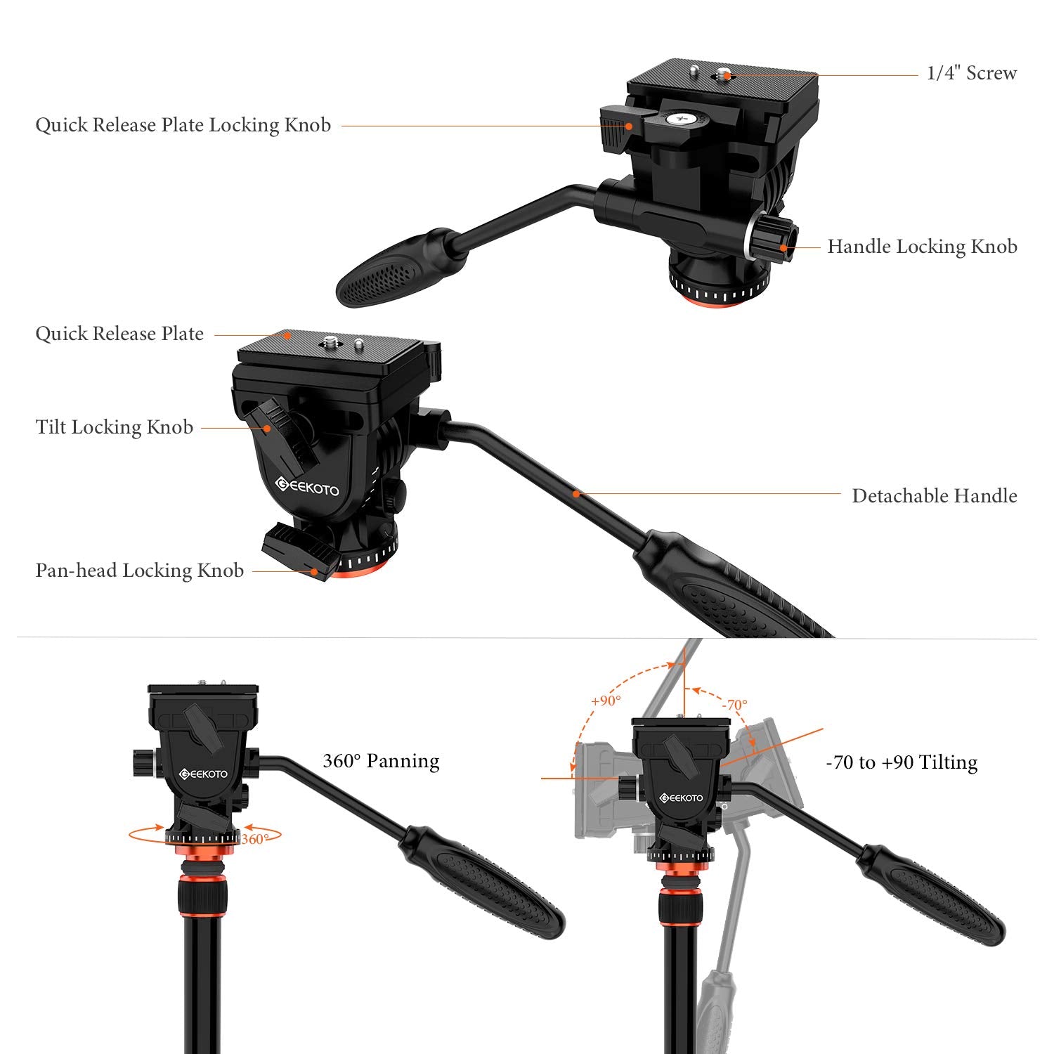 Geekoto Video Tripod Fluid Head,Professional Camera Tripod For Dslr,Monopod Aluminum 77' For Video Camcorder Canon Nikon Sony With 1/4' Screws Fluid Drag Pan Head,Load Capacity Up To 20 Pounds