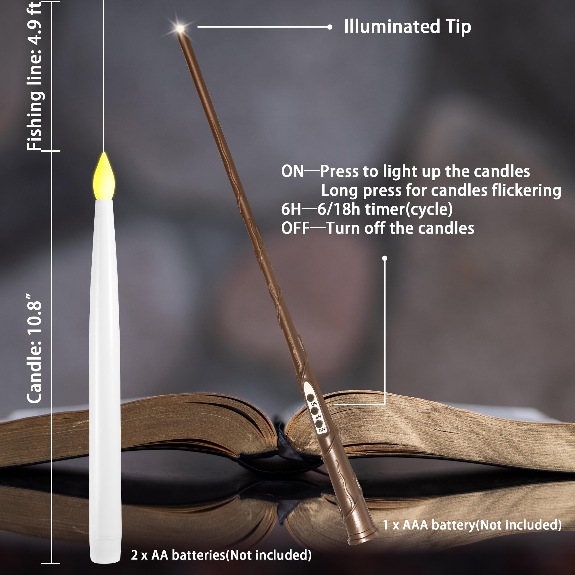 Lusharbor Floating Candles With Wand, 10 Pack Halloween Flameless Candles Battery Operated Led Taper Hanging Candles Electric Ca