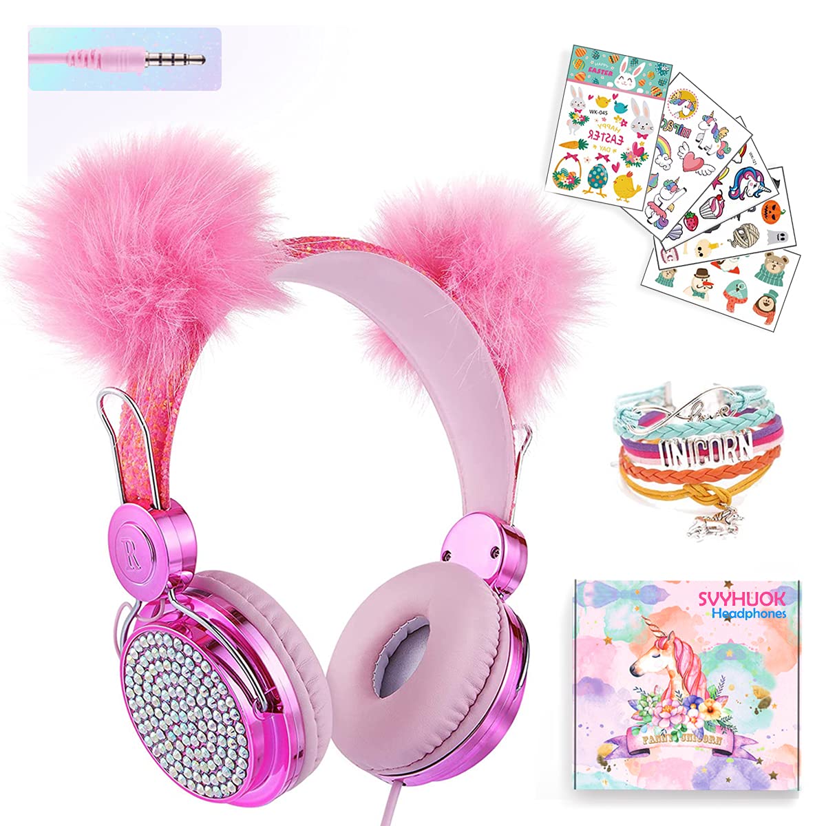 SVYHUOK Girls Pink Pompon Wired Headphones,Cute Cat Ear Kids Game Headset for Teens Tablet Laptop PC,Over Ear Children Headset w