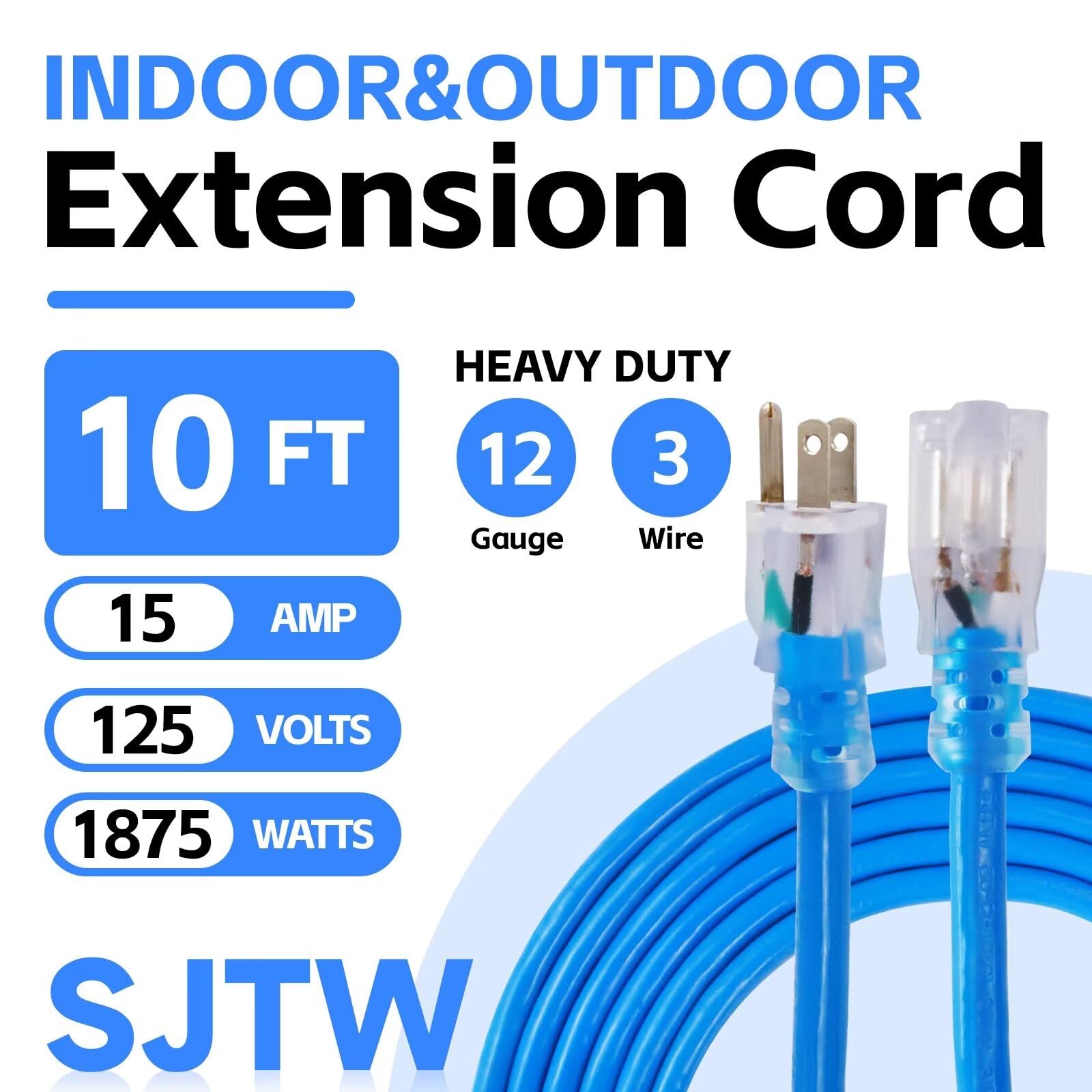 Ultra Explorer Indoor Outdoor Extension Cord Waterproof 10 Ft, 12 Gauge Heavy Duty Blue Extension Cord Sjtw, Flexible Cold Resis
