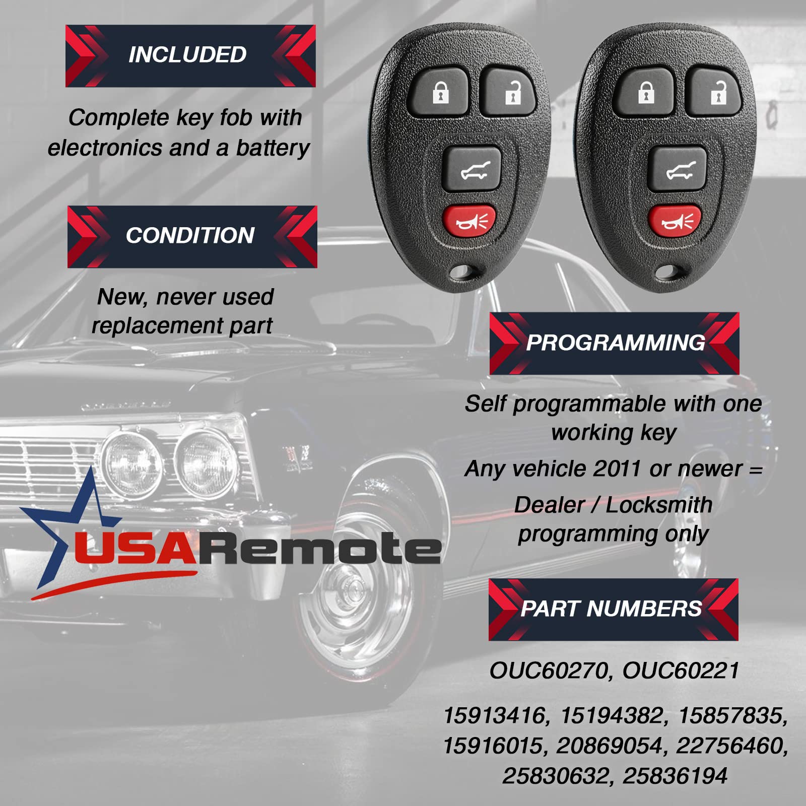 Car Key Fob Keyless Entry Remote With Ignition Key Fits Chevy, Cadillac, Gmc, Buick, Saturn (Ouc60270, Ouc60221), Set Of 2