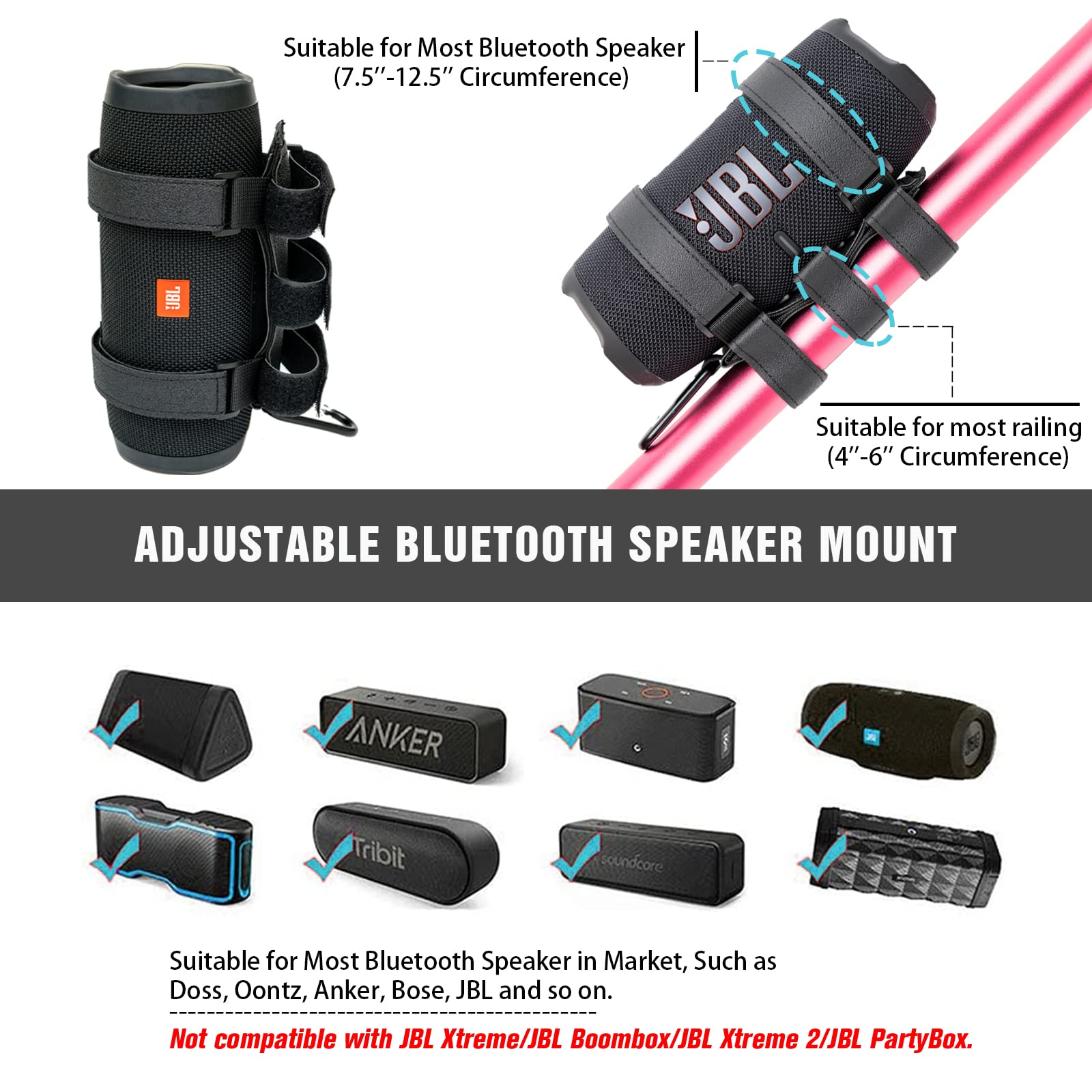 Heymoontong Portable Speaker Mount For Wireless Bluetooth Speakers With 7.5'' 12.5'' Circumference, Waterproof Adjustable Strap