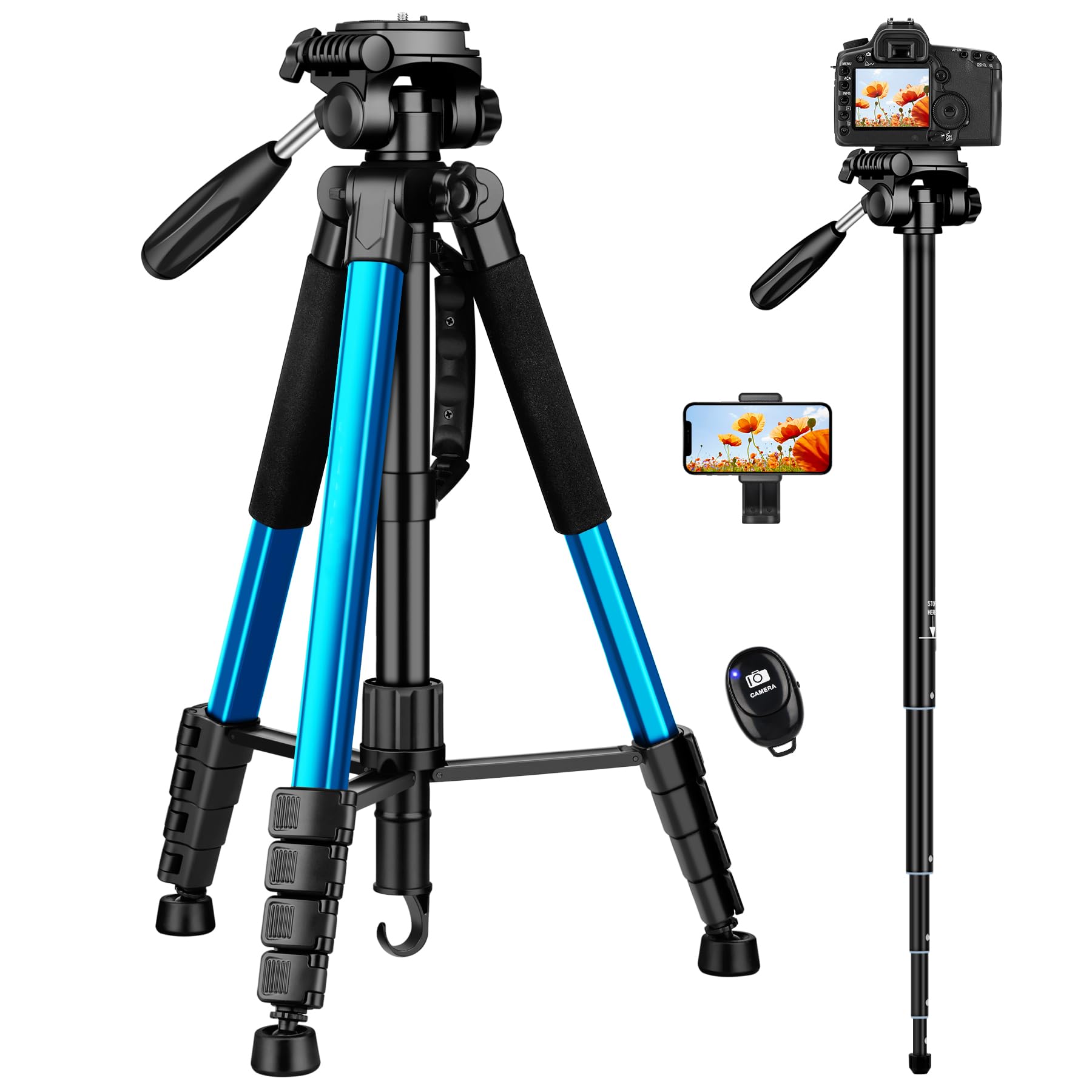 Victiv 72 Inch Camera Tripod, Tall Tripod For Camera Cell Phone, Heavy Duty Camera Tripod Stand, Professional Aluminum Monopod, Compatible With Canon Nikon Sony Dslr Cameras   Blue