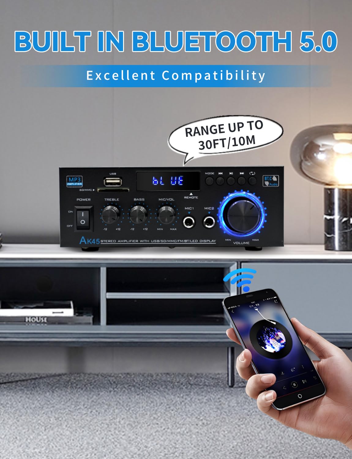 Stereo Home Audio Amplifier Receiver Ak45, 600W Bluetooth 5.0 Hifi Stereo Power Amplifier 2.0 Channel Rms 40W X 2 Home Stereo Sy