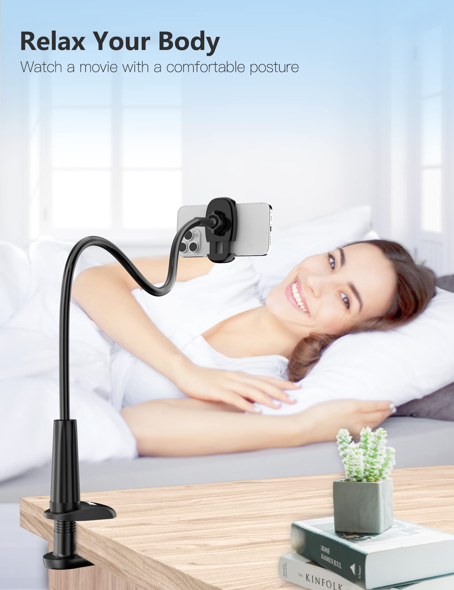 Tryone Gooseneck Phone Holder Stand for Bed Flexible Arm Adjustable Cell Phones Mount Clamp on Desk Bedframe Compatible with iPhone 14 Pro Max 13 12 11 X SE Series/Samsung S22 or Other 4' 7' Devices