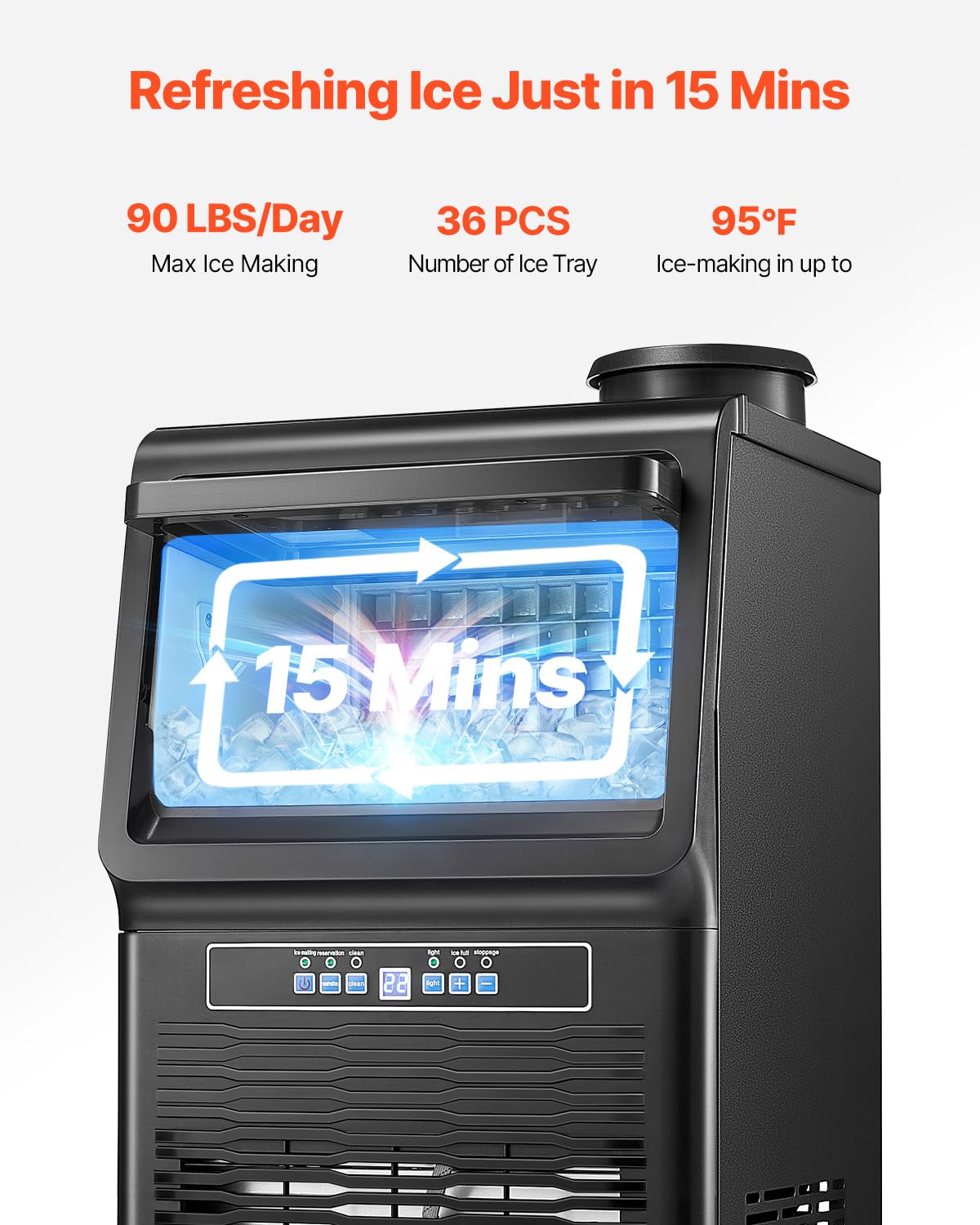 Vevor 90Lbs/24H Commercial Ice Maker Machine With 2 Water Inlets, 36 Ice Cubes In 15 Minutes, With 12Lbs Large Storage Capacity