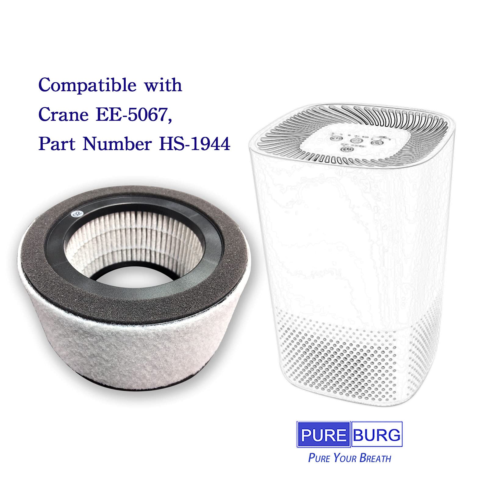 Pureburg Hs 1944 Replacement Filter Set Compatible With Crane Ee 5067 Air Purifier,2 Pack H13 Hepa Activated Carbon 2 In 1 4 Sta