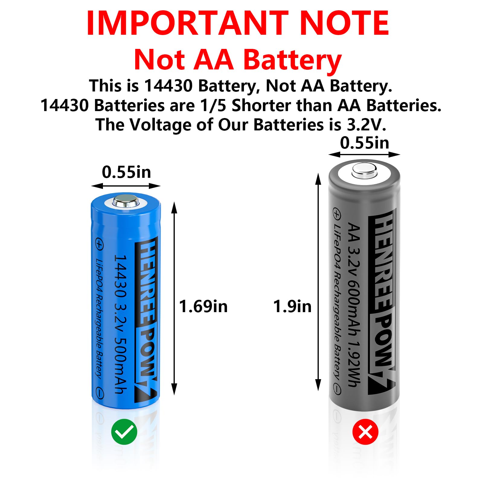 Henreepow 14430 Lifepo4 3.2V Rechargeable Solar Batteries, 500Mah Lifepo4 Battery For Outdoor Solar Garden Lights, Shaver, Flash