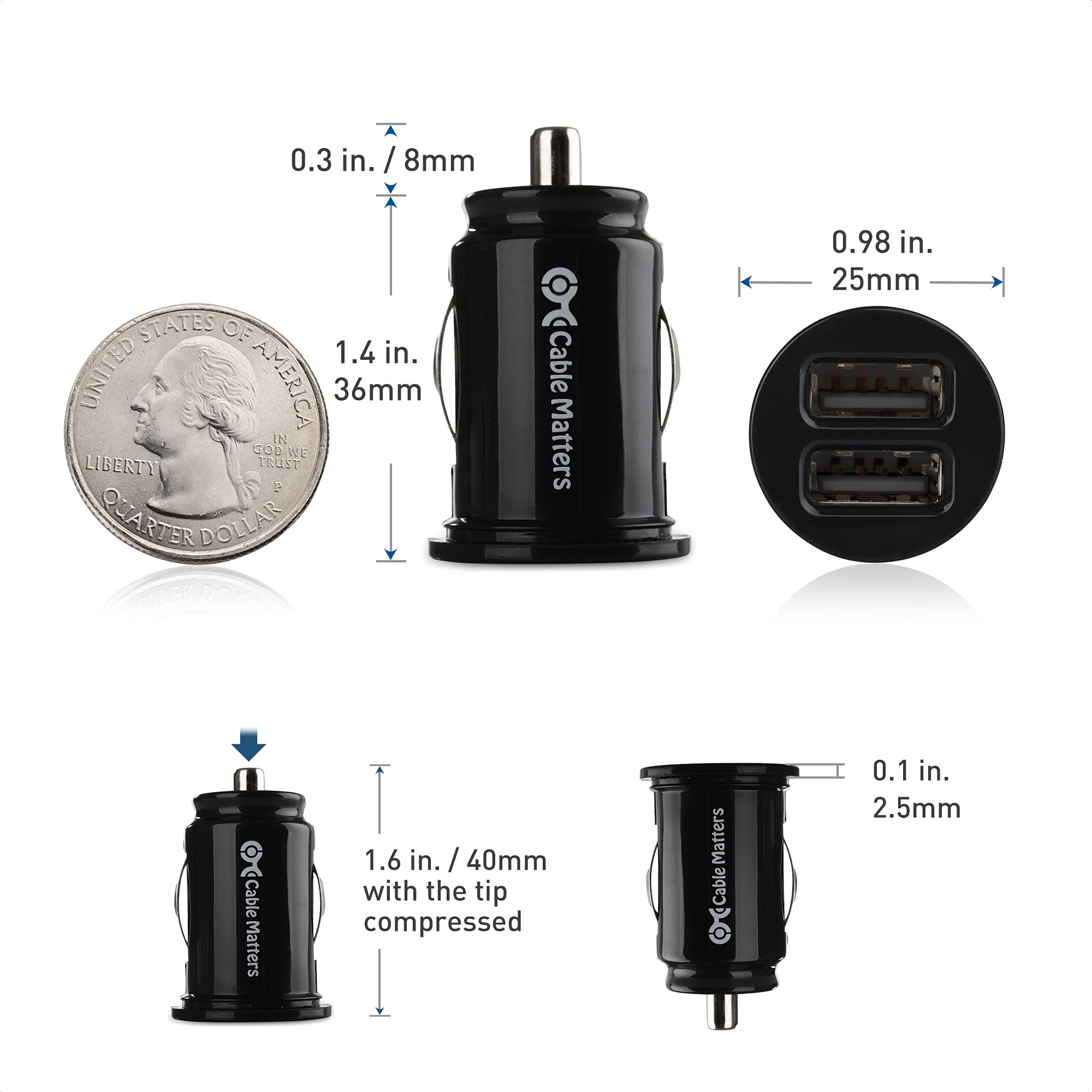 Cable Matters 2 Pack 4.8A 24W Flush Mount Dual Usb Car Charger, Compact Mini Car Usb Charger For Smartphones And Tablets