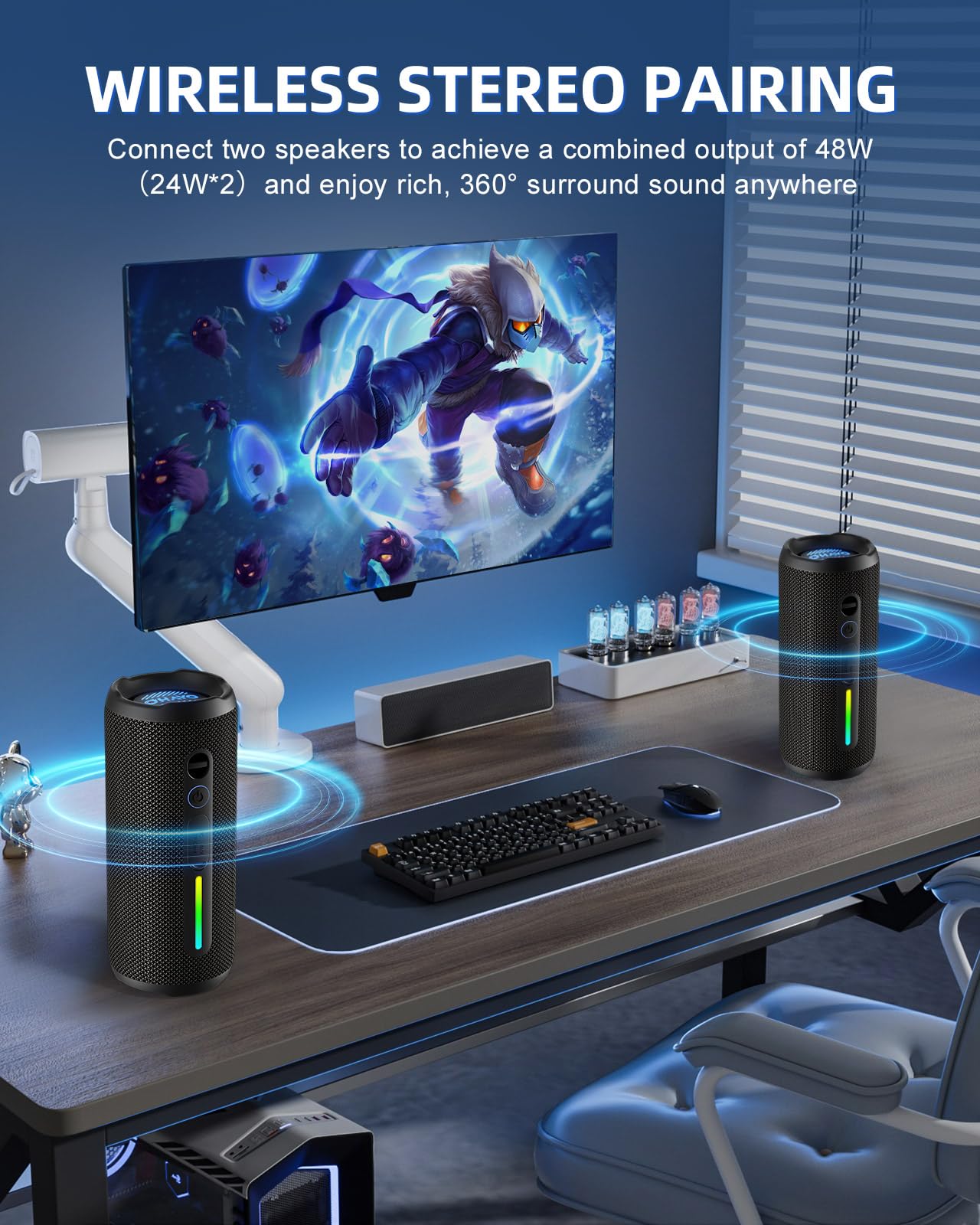 Portable Bluetooth Speaker, Wireless Speaker With 24W Loud Stereo Sound, Active Extra Bass, Ipx7 Waterproof, Bt5.3, Rgb Lights,