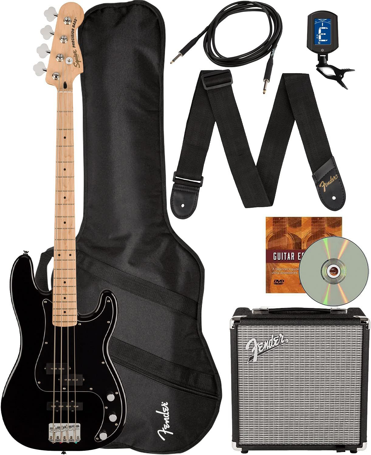 Fender Squier Affinity Precision Bass PJ - Black Bundle with Rumble 15 Amplifier, Instrument Cable, Gig Bag, Tuner, Strap, and A