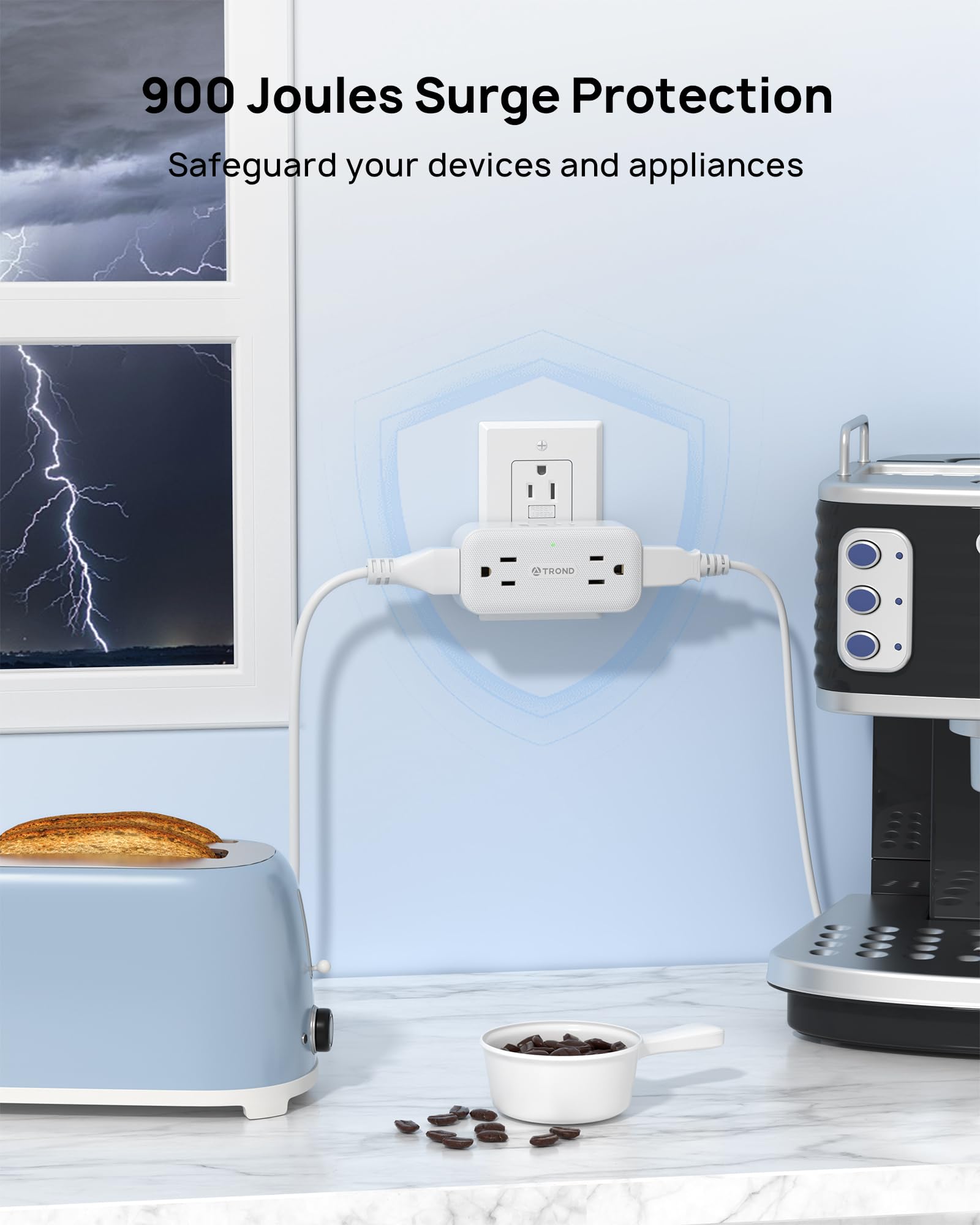 Trond Outlet Extender With 360 Rotating Plug, Plug Adapter With 4 Electrical Sockets And 4 Usb Ports, 900 Joules Surge Protectio