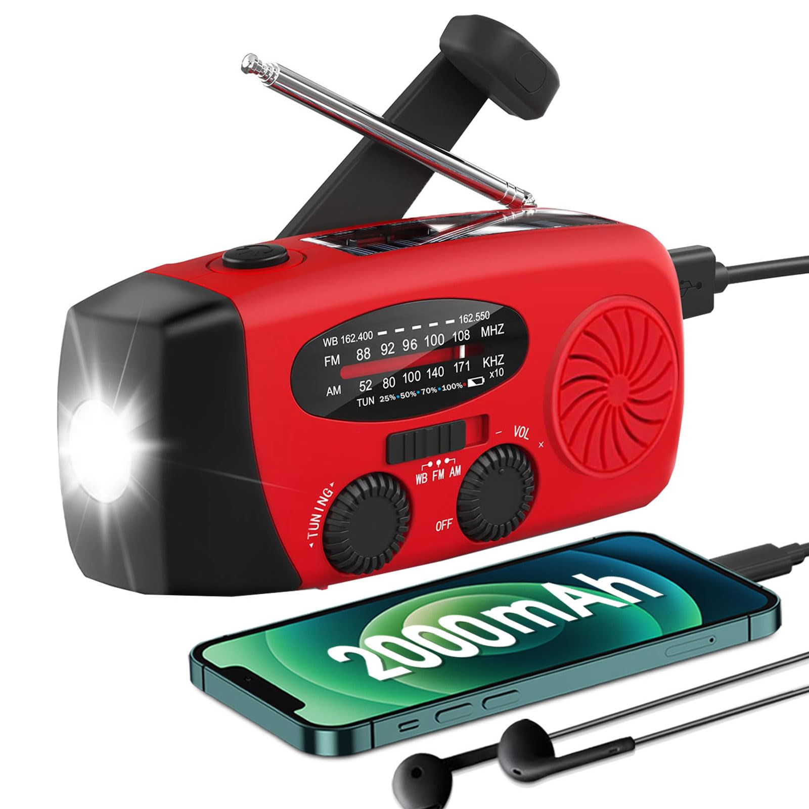 Tiemahun Emergency Solar Hand Crank Dynamo NOAA WB AM/FM Radio Hurricane Camping Survive Kit with 3-LED Flashlight 2000mAh 088FS