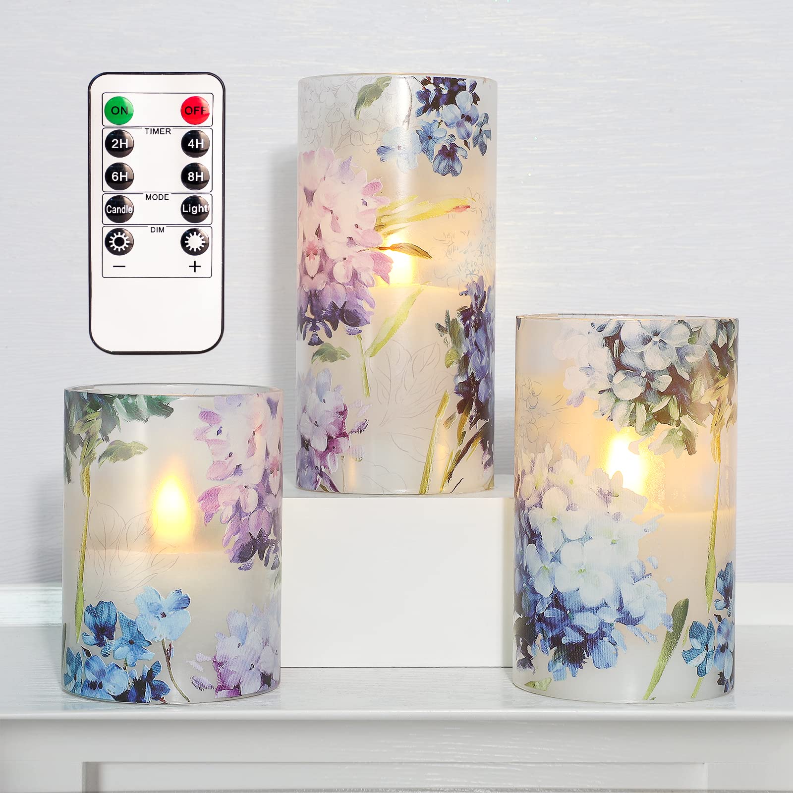 Gorge Moment Blue Violet Hydrangea Flameless Candles Led Flicker With Remote Dim Love Theme Summer Spring Decorative Glass Decor