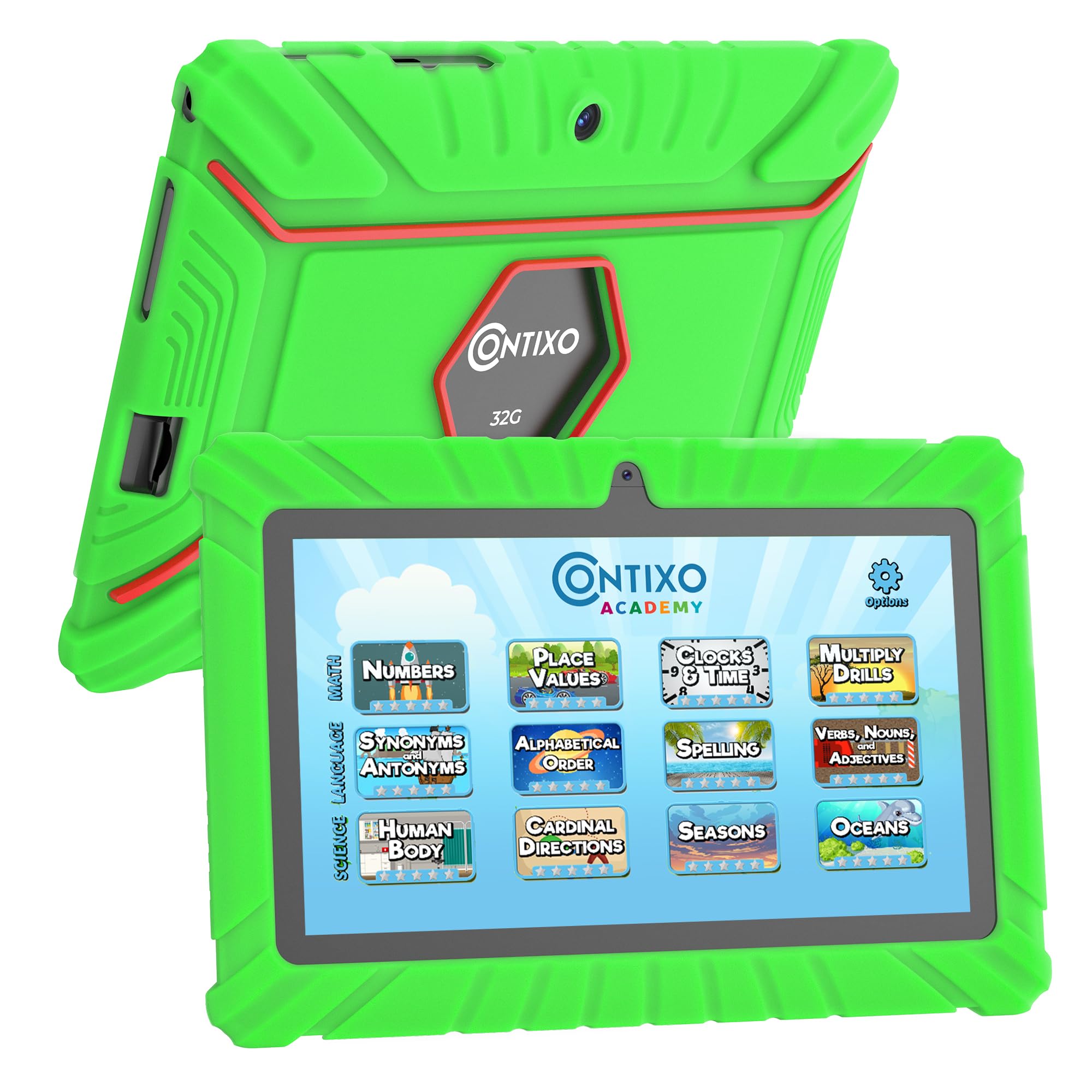 Contixo Kids Tablet V8, 7 Inch Hd, Ages 3 7, Toddler Tablet With Camera, Parental Control   Android 11, 16Gb, Wifi, Learning Tablet For Kids, Green