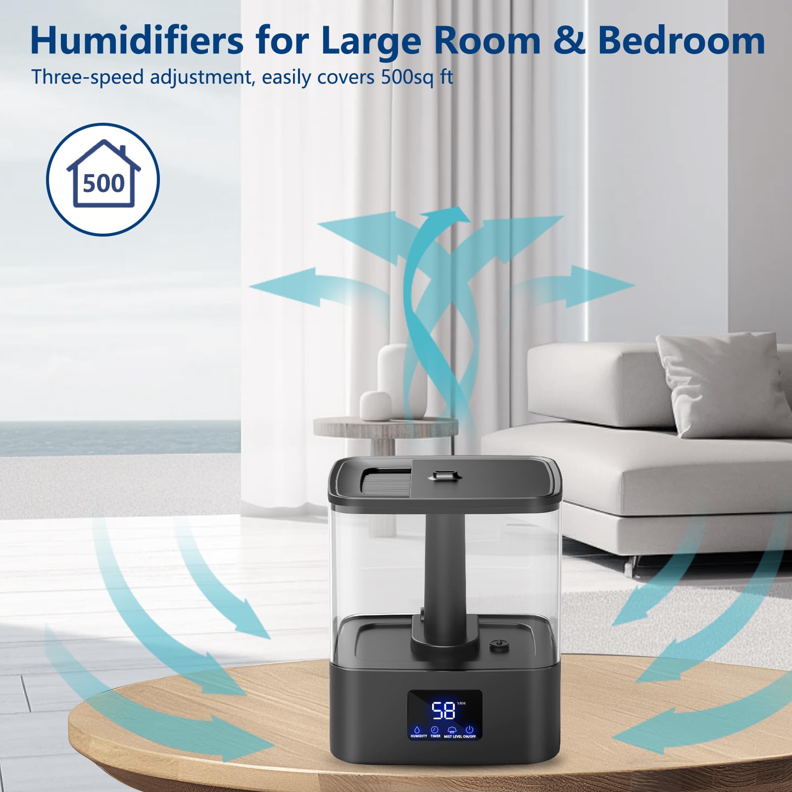 Kzf 6L Top Fill Humidifiers For Bedroom & 60H Runtime - Cool Mist Humidifier, 3 Mist Levels, 8H Timer, Essential Oil Tray, Humid