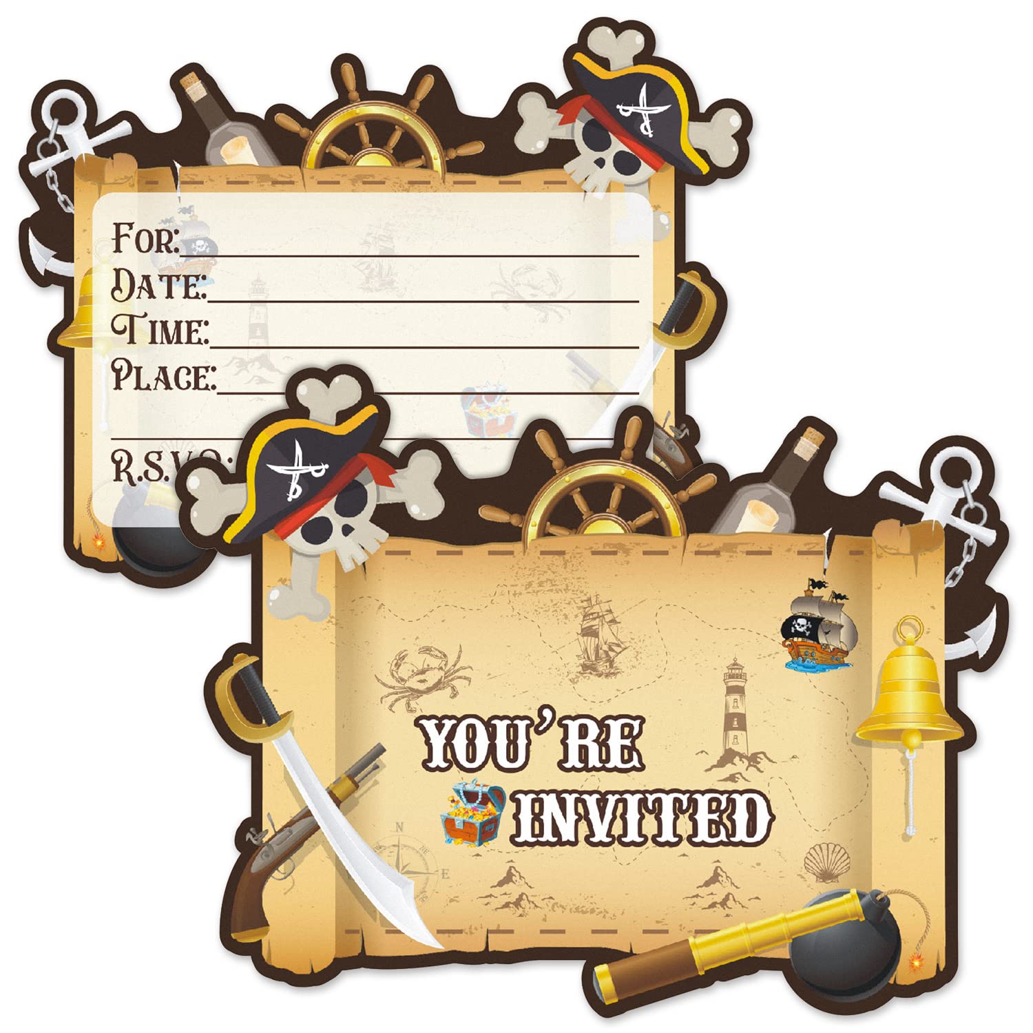 Gogoparty 20Pcs Pirate Birthday Invitations, Pirate Birthday Party Invitation Cards With Sticker Labels 20 Envelopes Birthday In