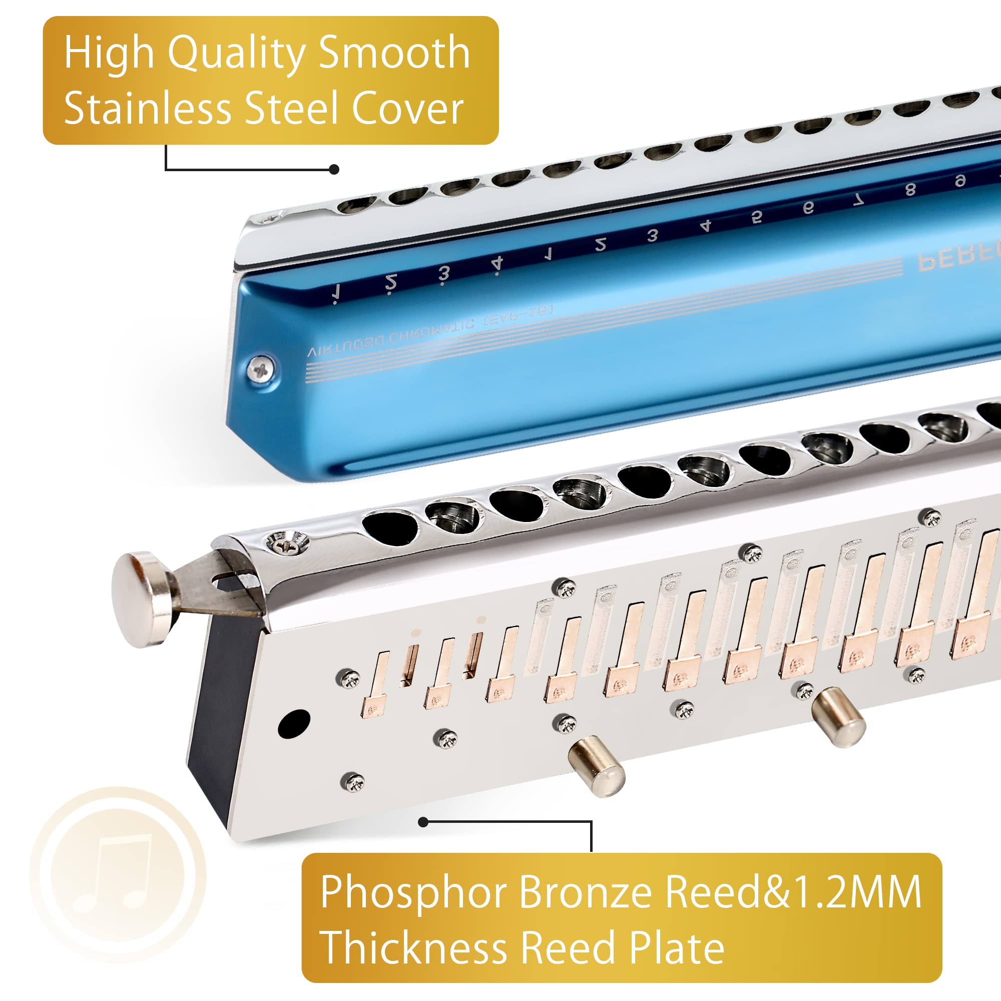 East Top Chromatic Harmonica 16 Hole 64 Tone Key Of C, Professional Mouth Organ Advanced Harmonica For Adults, Students And Harm